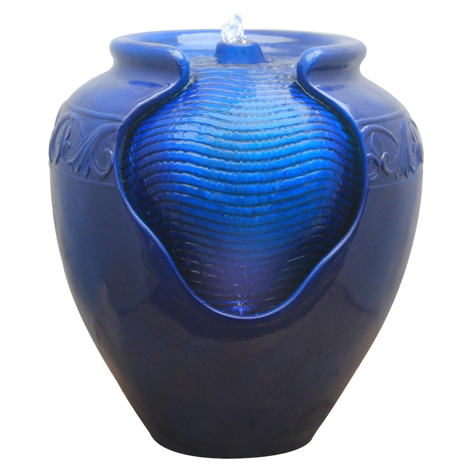 Fuente de Agua de Maceta Esmaltada Teamson Home 43 cm Azul LED