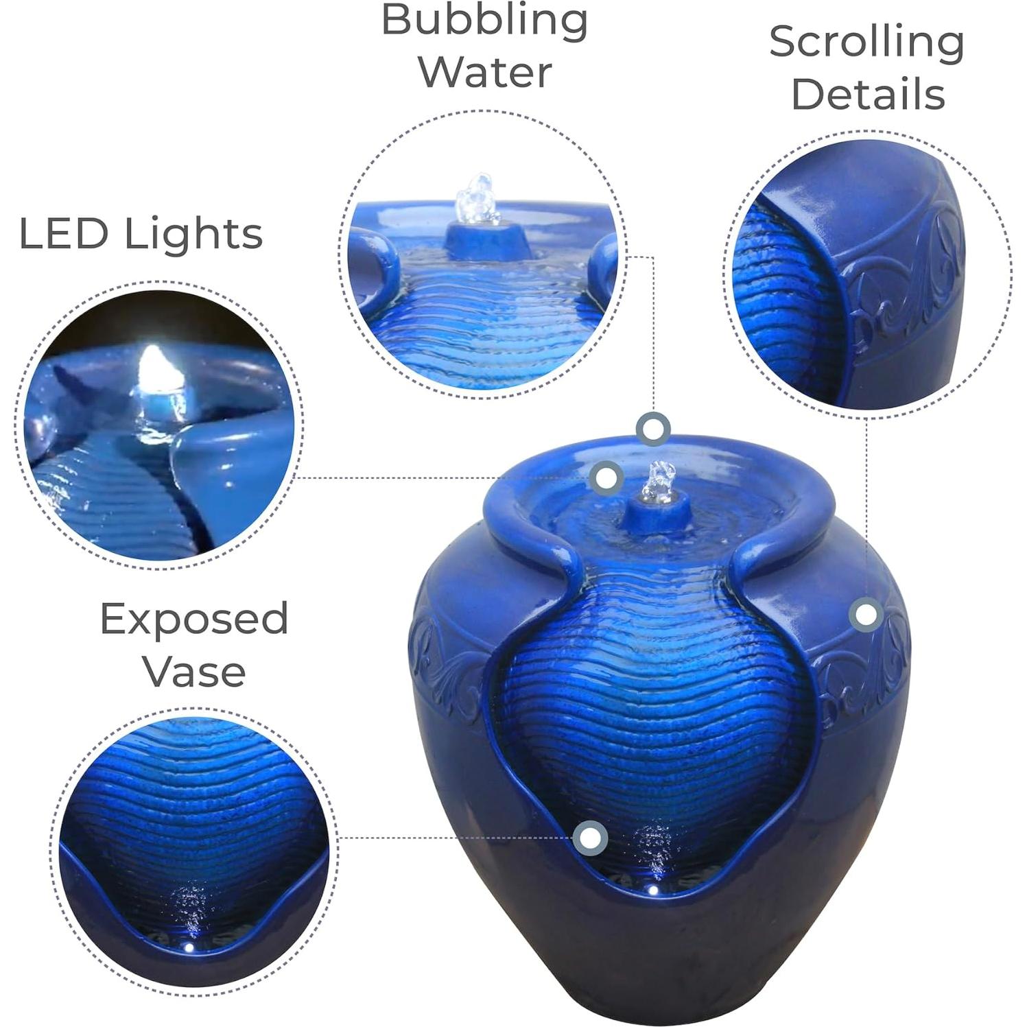 Fuente de Agua de Maceta Esmaltada Teamson Home 43 cm Azul LED