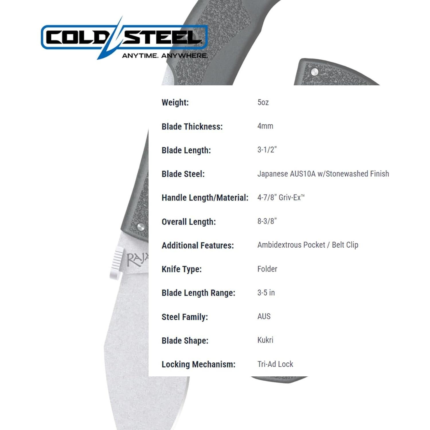 Cuchillo Plegable Frío Acero Rajah III 8.9 cm AUS10A Negro