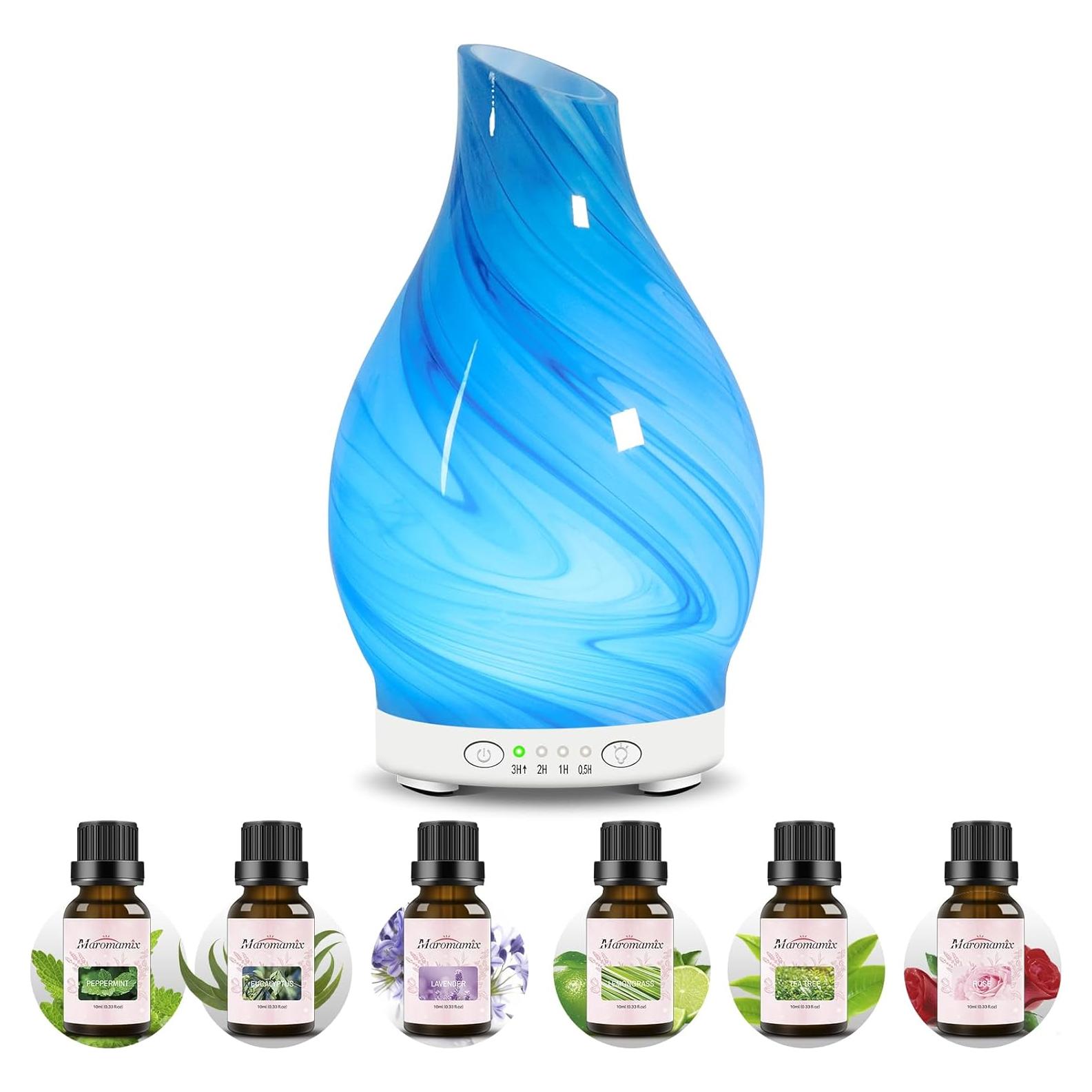 Essential Oil Diffuser & Essential Oils Set - Glass Ultrasonic Aromatherapy Diffuser with 6 Essential Oils Set, Oil Diffuser 7 Color Changing Light Quiet 4Timer Waterless Auto-Off for Home Office
