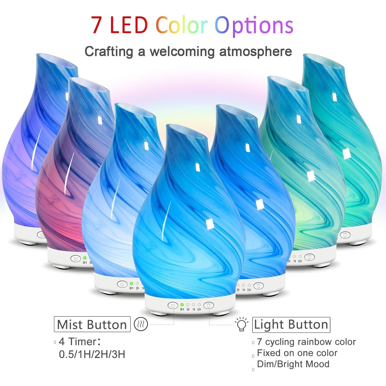 Essential Oil Diffuser & Essential Oils Set - Glass Ultrasonic Aromatherapy Diffuser with 6 Essential Oils Set, Oil Diffuser 7 Color Changing Light Quiet 4Timer Waterless Auto-Off for Home Office