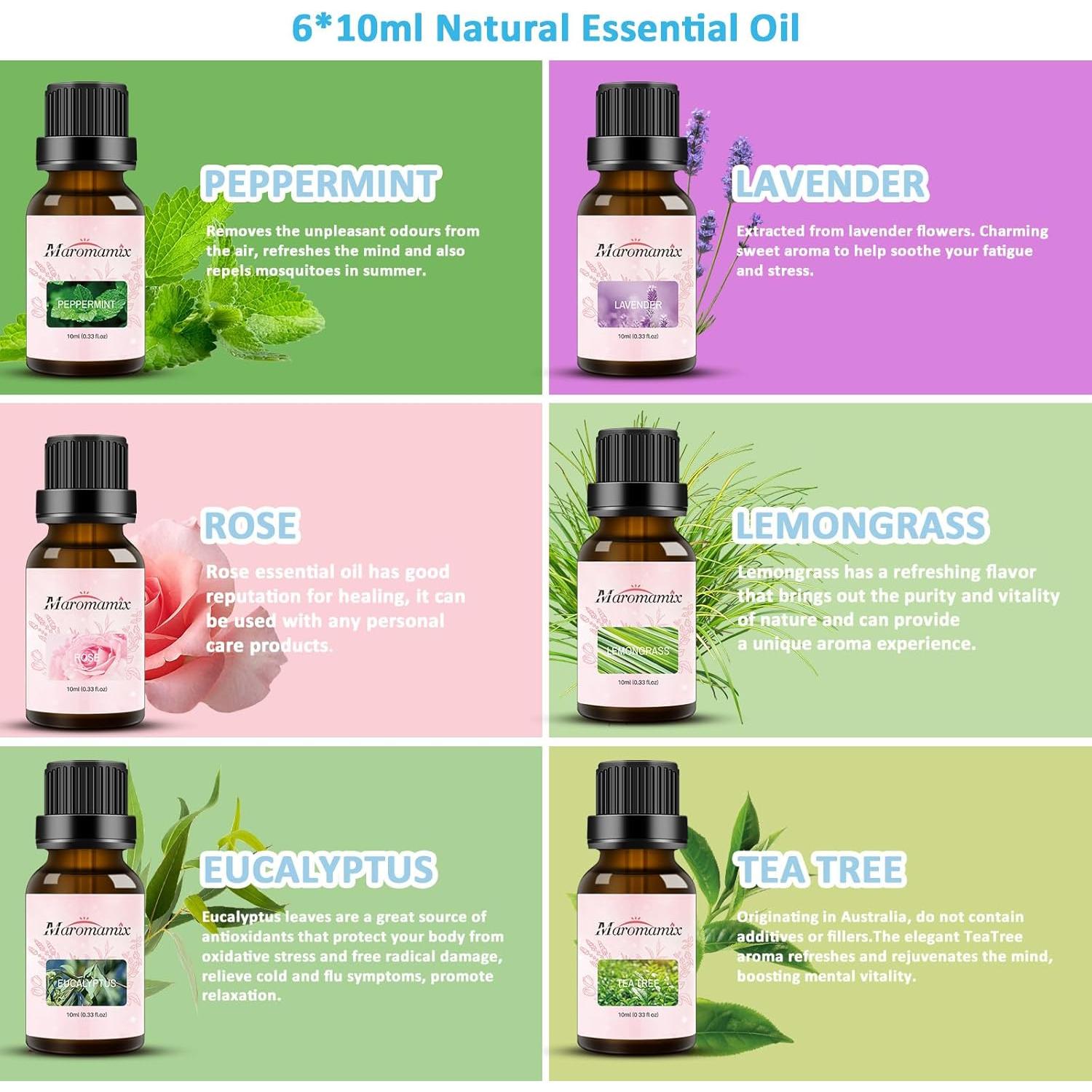 Essential Oil Diffuser & Essential Oils Set - Glass Ultrasonic Aromatherapy Diffuser with 6 Essential Oils Set, Oil Diffuser 7 Color Changing Light Quiet 4Timer Waterless Auto-Off for Home Office