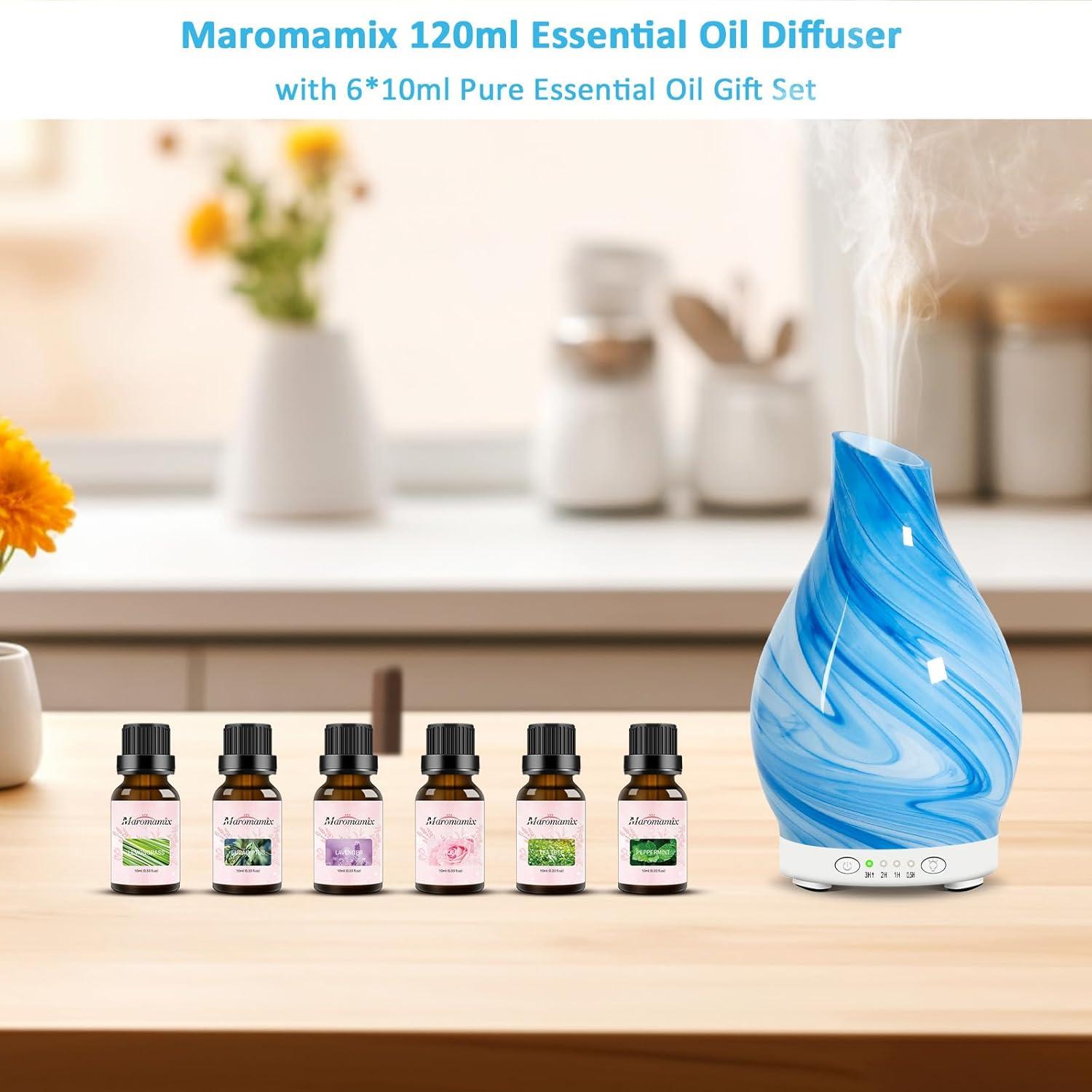 Essential Oil Diffuser & Essential Oils Set - Glass Ultrasonic Aromatherapy Diffuser with 6 Essential Oils Set, Oil Diffuser 7 Color Changing Light Quiet 4Timer Waterless Auto-Off for Home Office