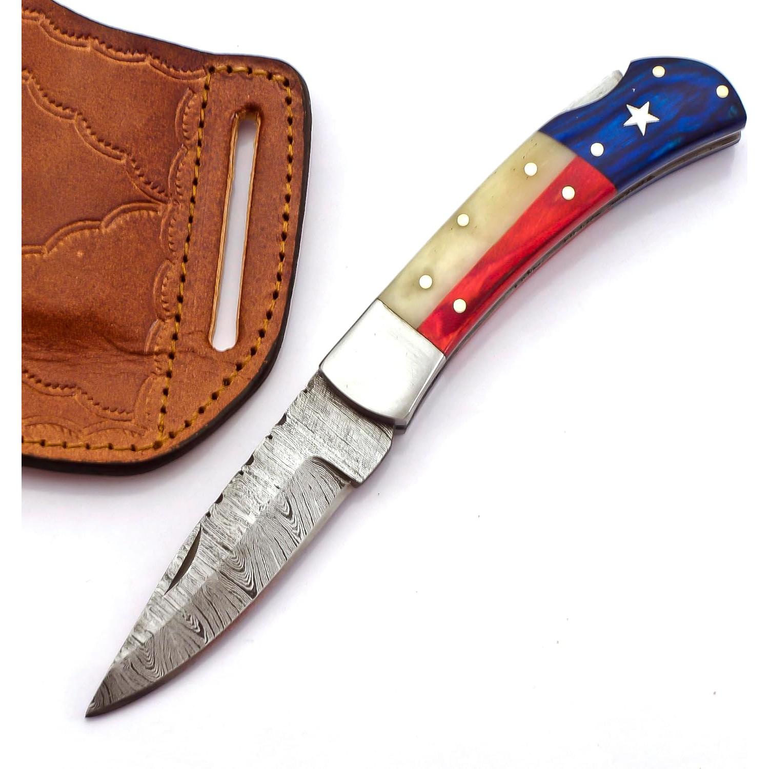 Cuchillo de bolsillo BLAYDZ Damasco con funda de cuero 20.96 cm