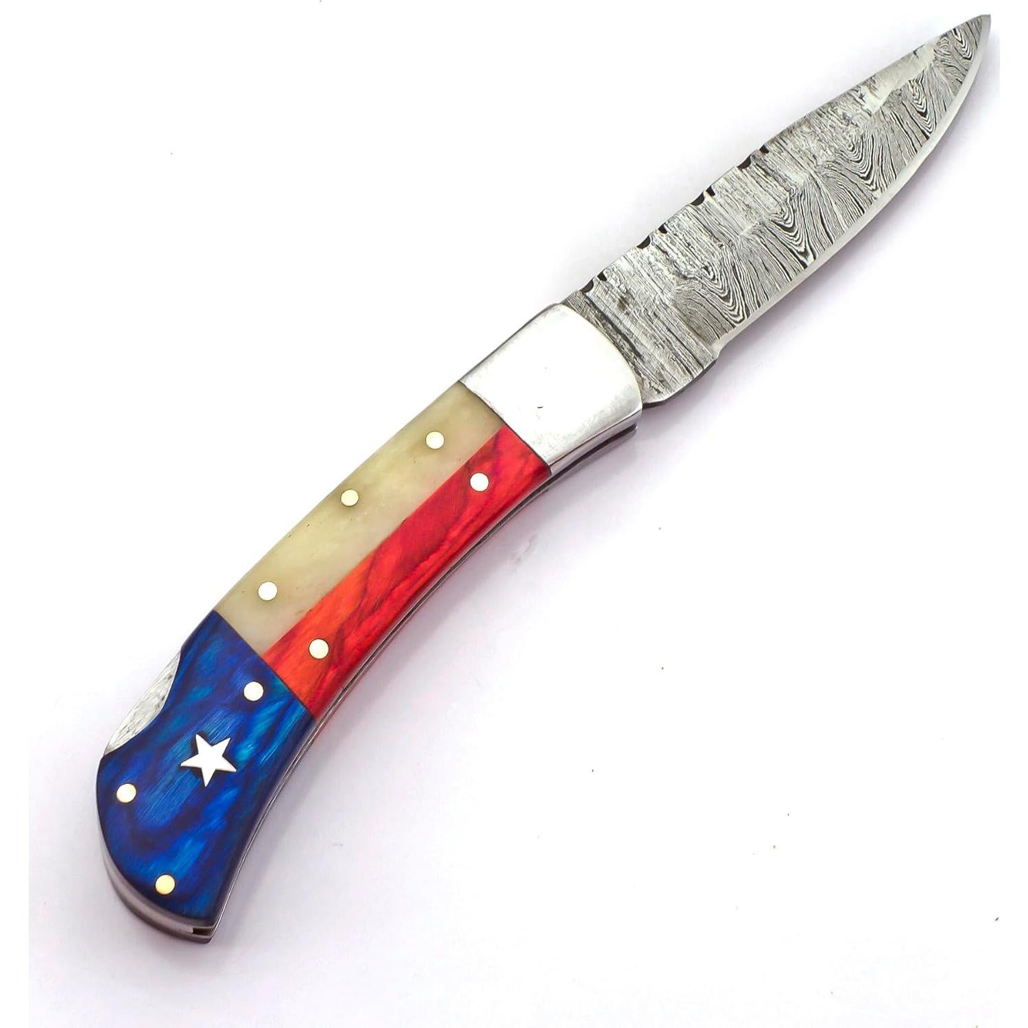 Cuchillo de bolsillo BLAYDZ Damasco con funda de cuero 20.96 cm