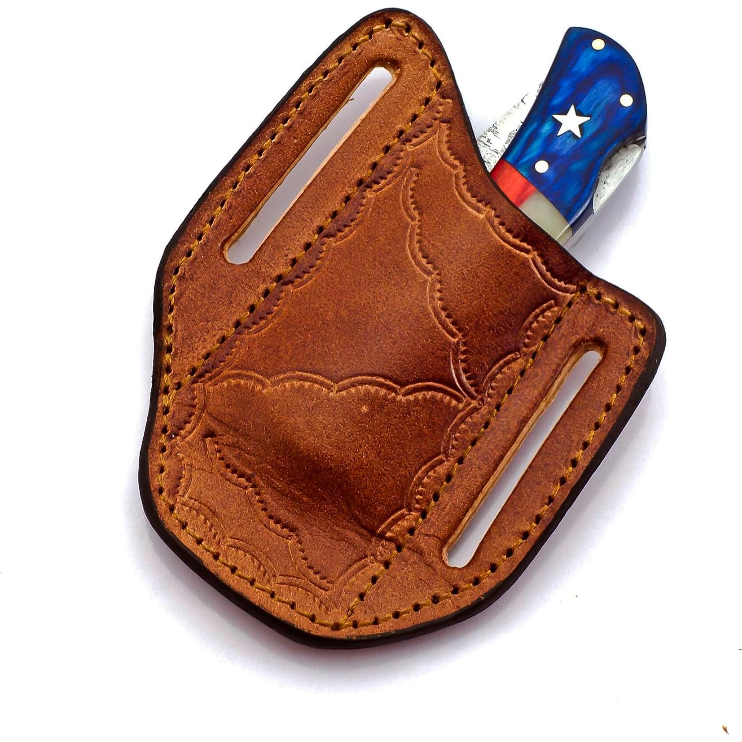 Cuchillo de bolsillo BLAYDZ Damasco con funda de cuero 20.96 cm