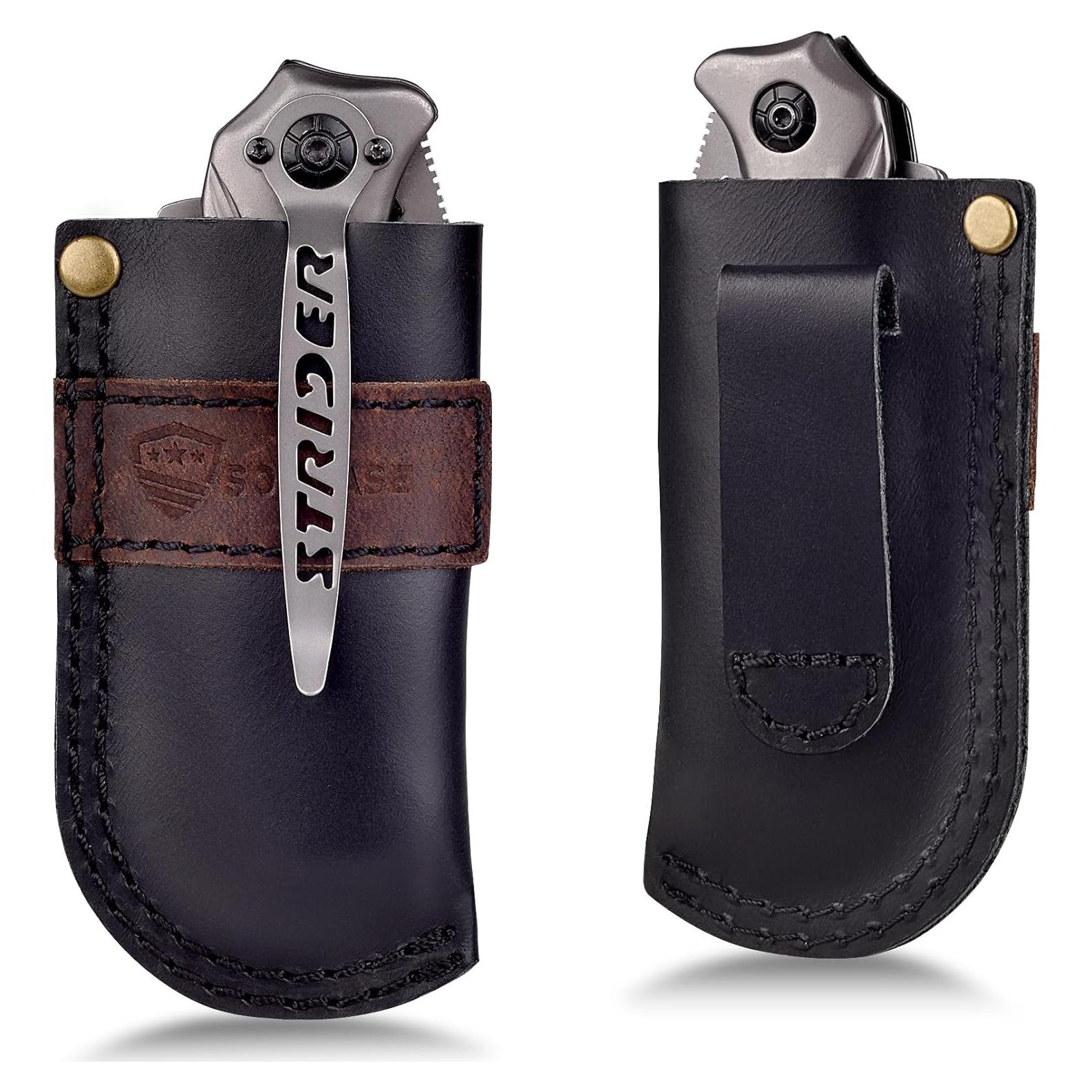 Funda de cuchillo de cuero SOGCASE negra para cuchillos plegables