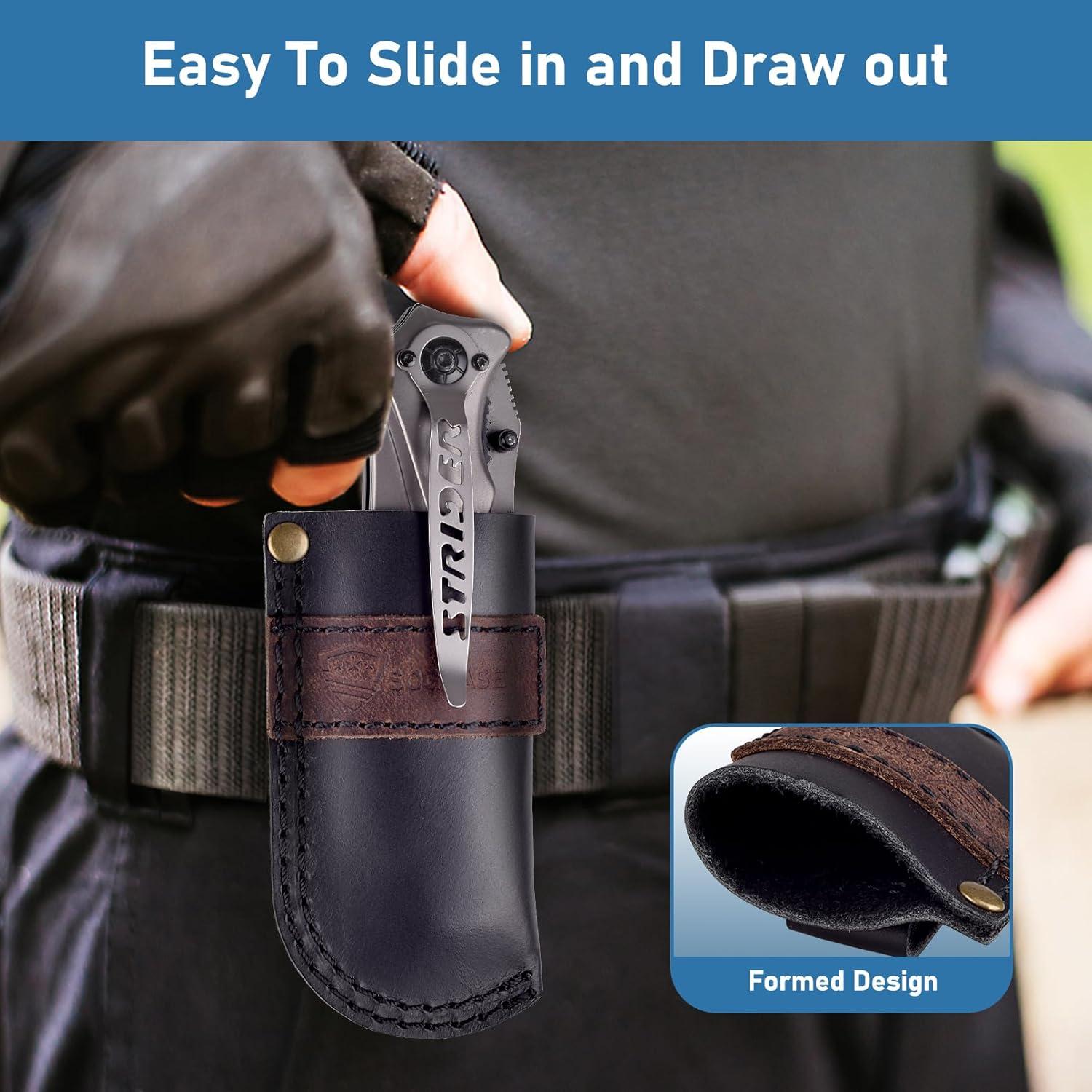 Funda de cuchillo de cuero SOGCASE negra para cuchillos plegables