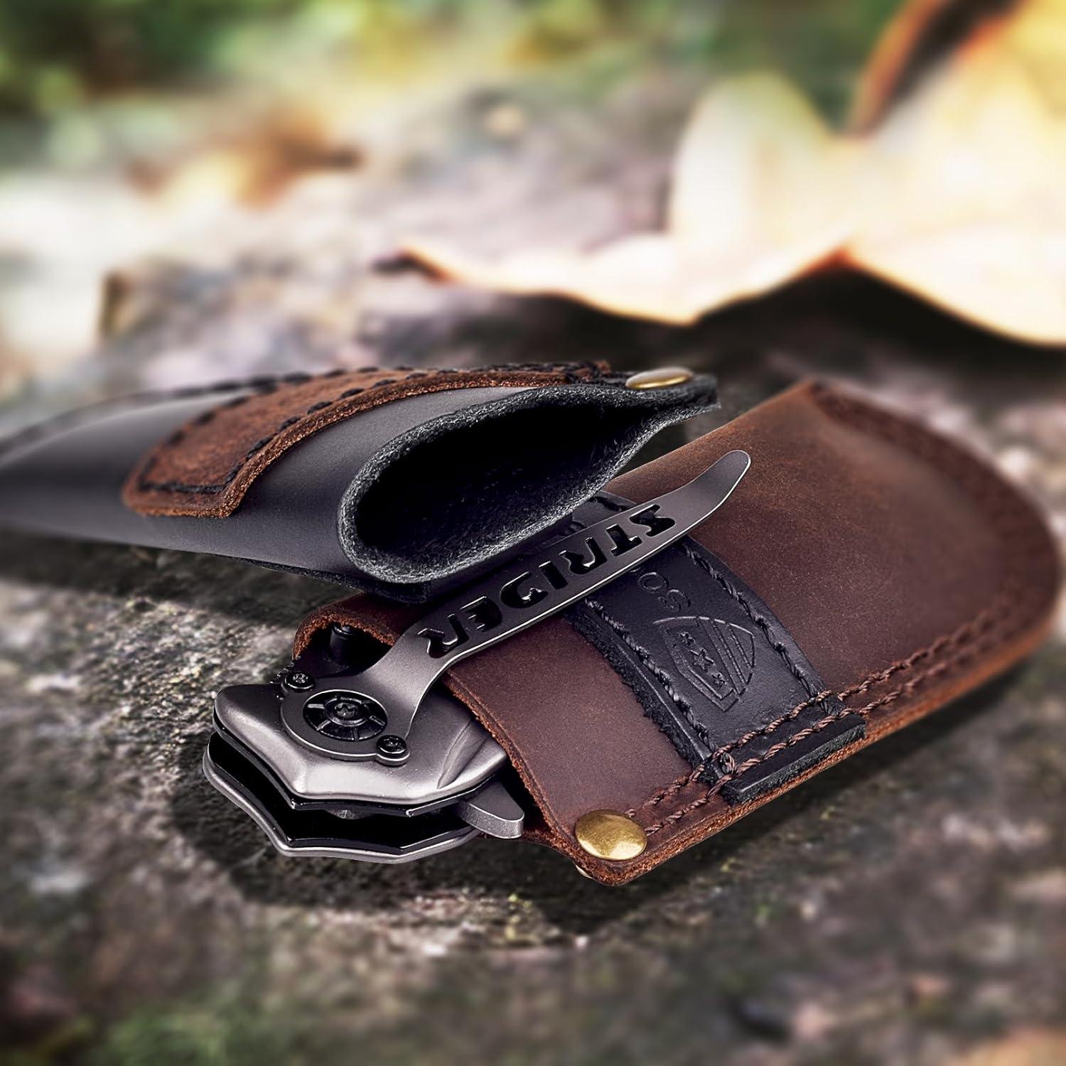 Funda de cuchillo de cuero SOGCASE negra para cuchillos plegables