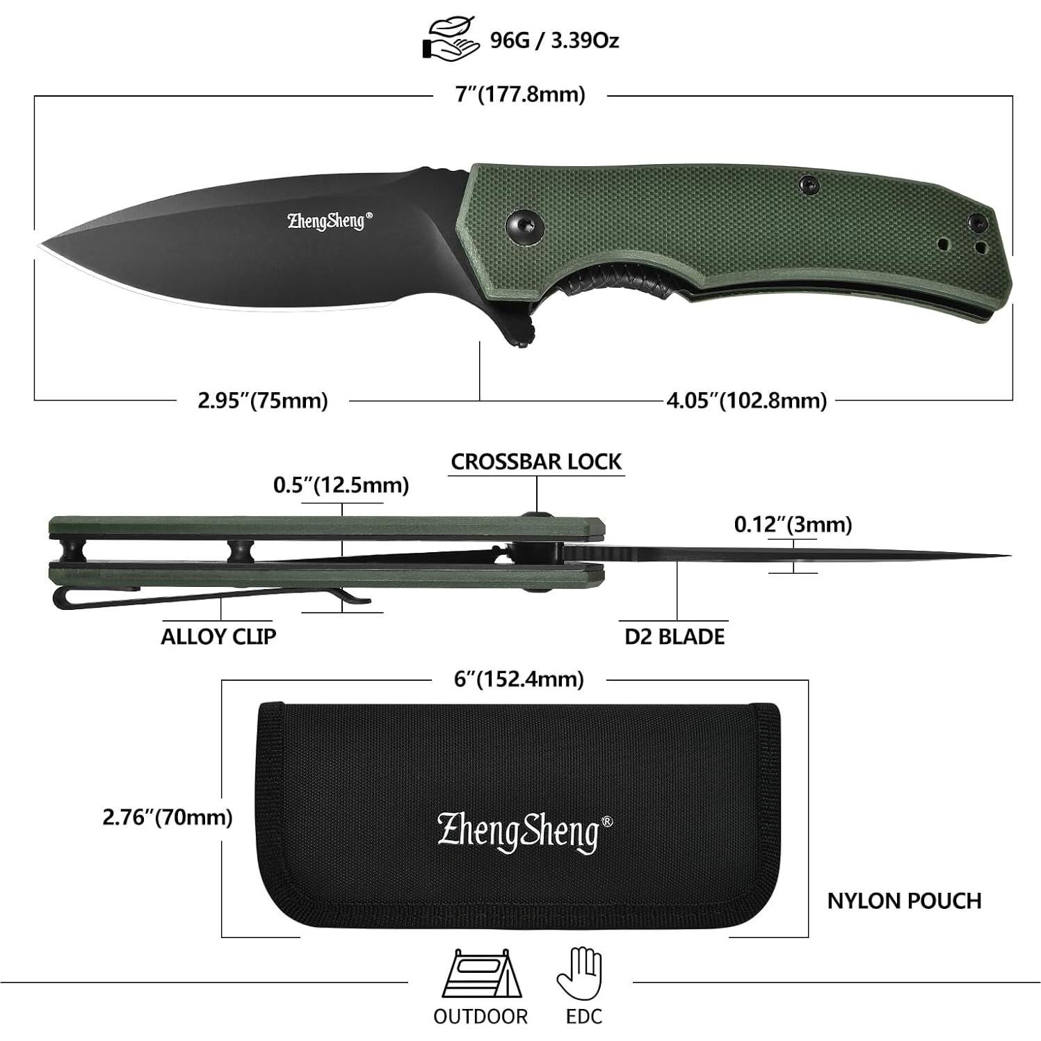 Cuchillo de bolsillo plegable ZhengSheng D2 7.37 cm verde