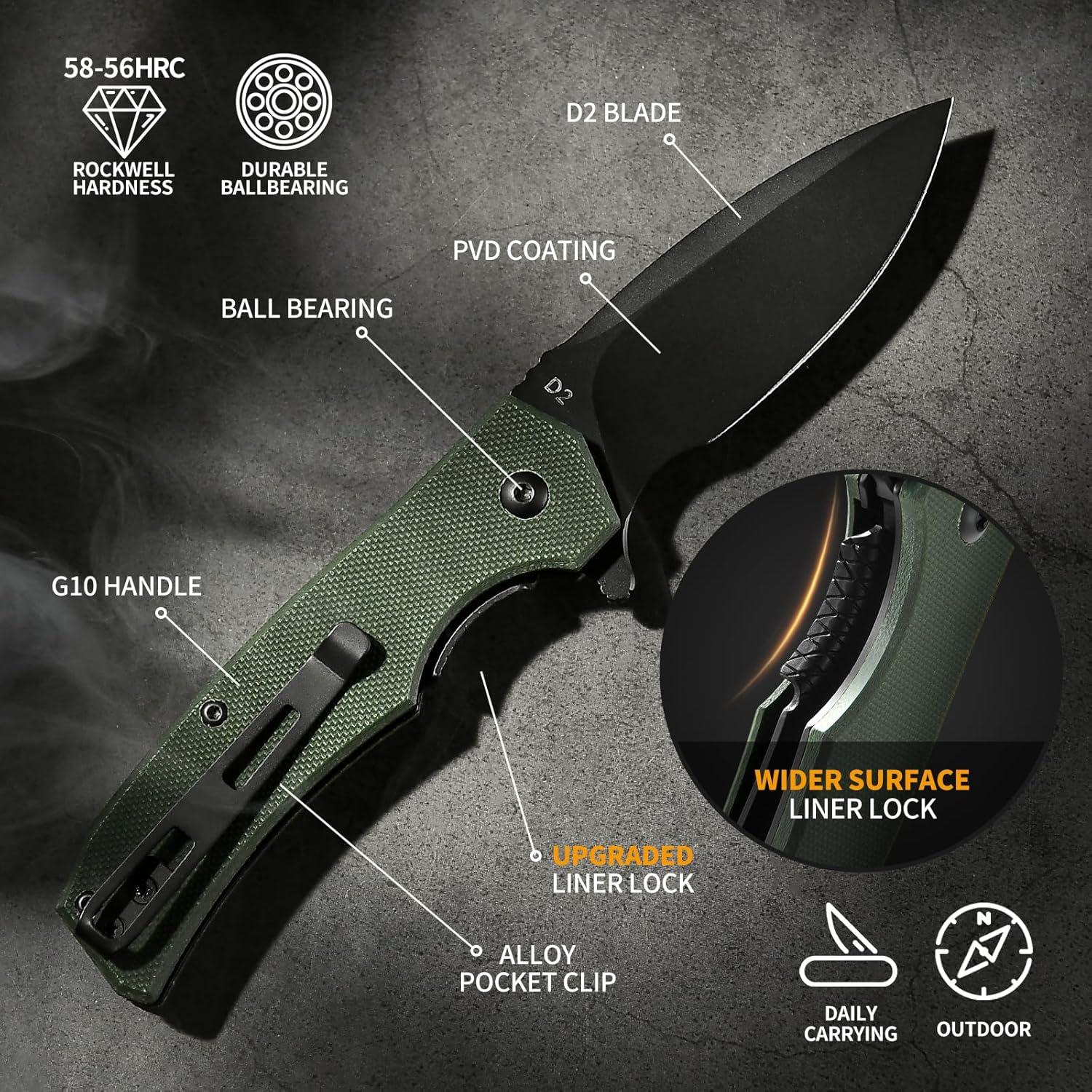Cuchillo de bolsillo plegable ZhengSheng D2 7.37 cm verde