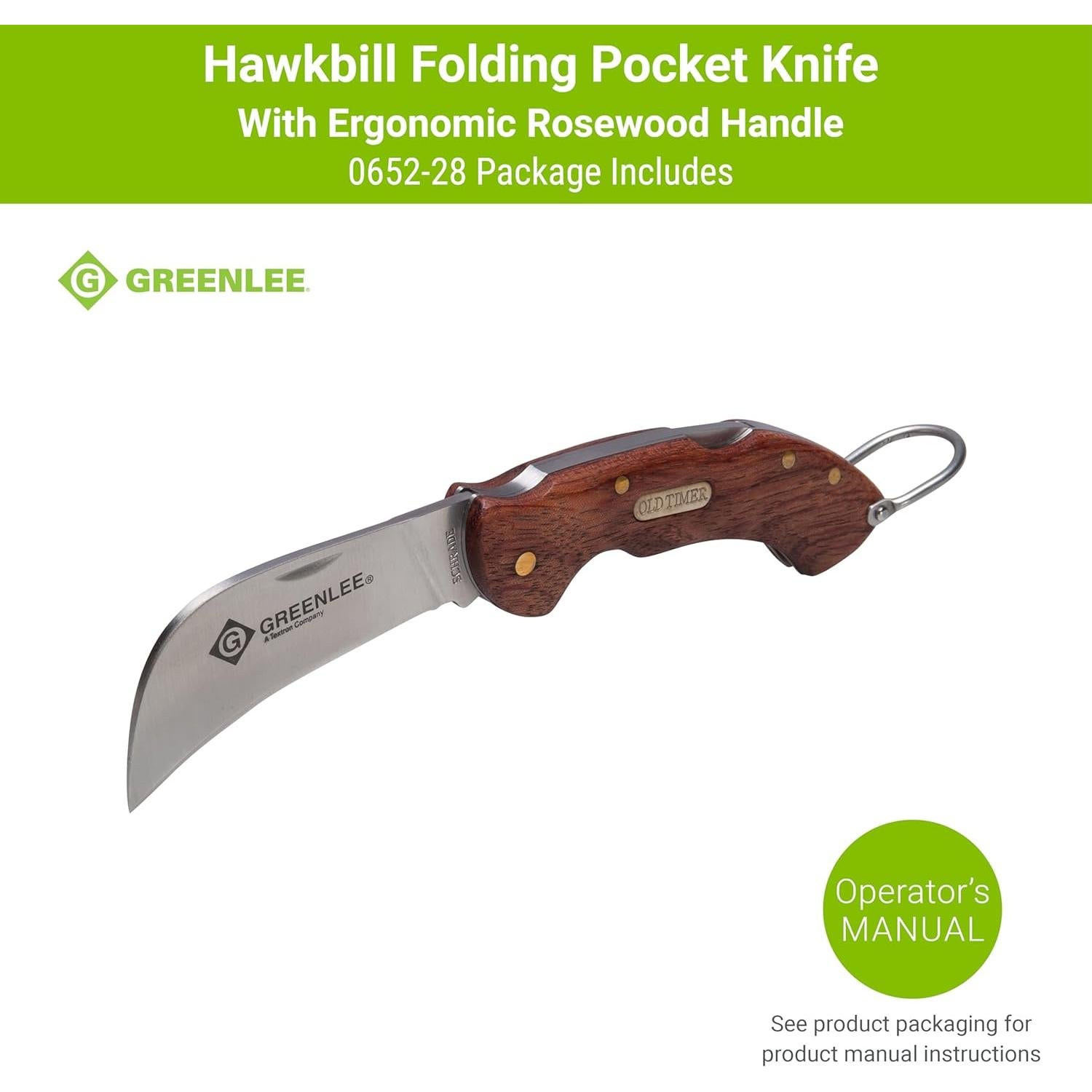 Cuchillo de bolsillo Greenlee 0652-28 Hawkbill con mango de madera
