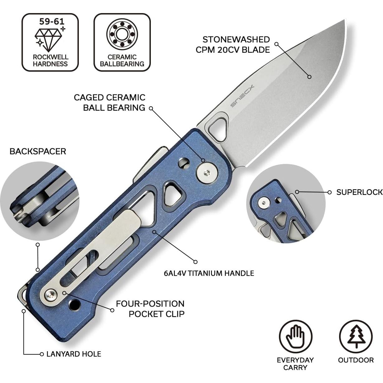 Cuchillo de bolsillo WeKnife Tyro, acero CPM 20CV, titanio azul