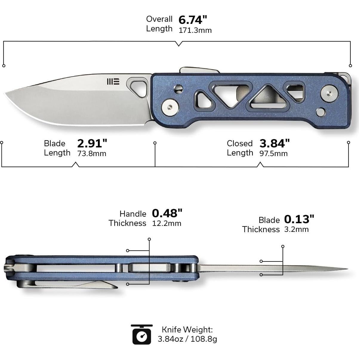 Cuchillo de bolsillo WeKnife Tyro, acero CPM 20CV, titanio azul