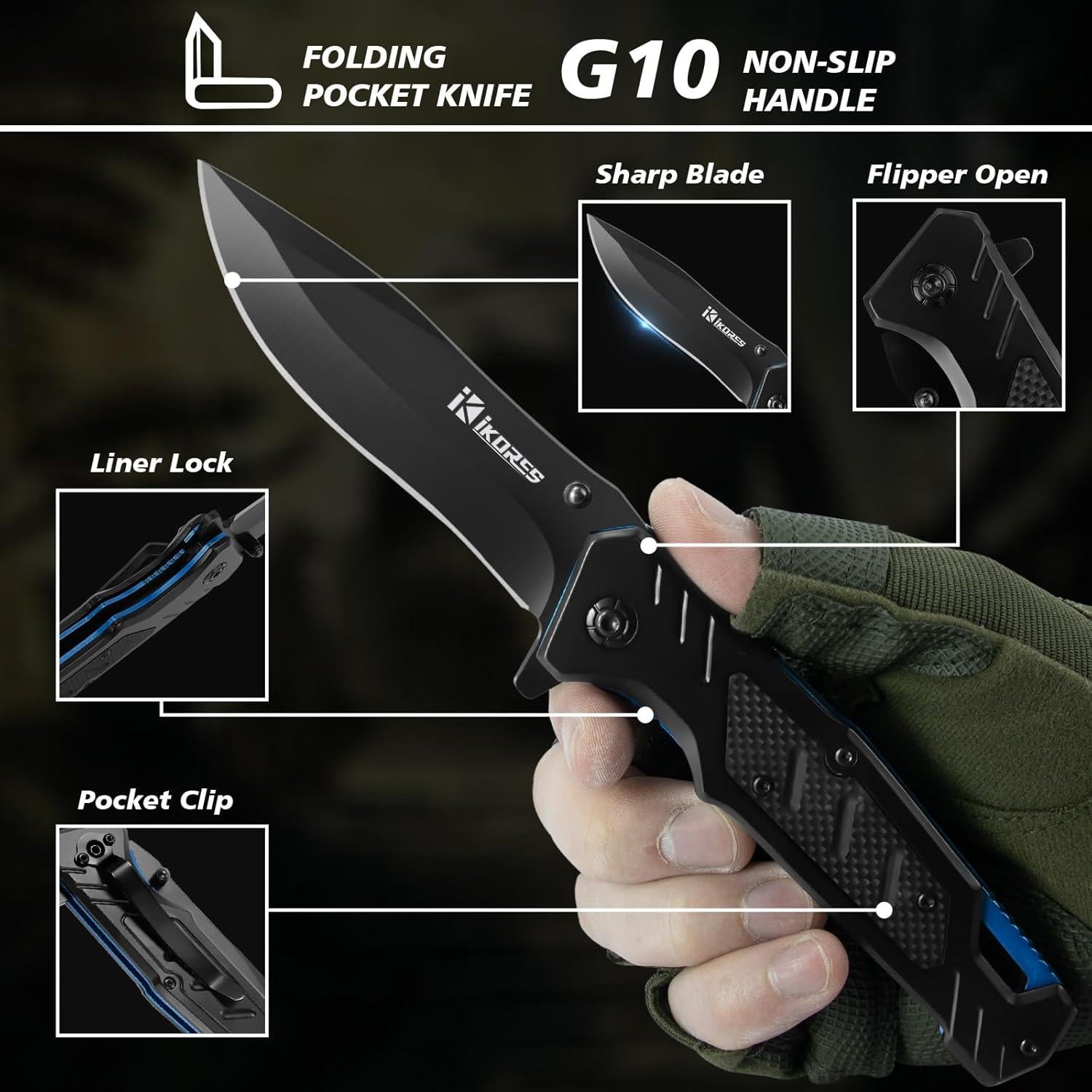 Cuchillo Plegable IKORES 22 cm Acero Inoxidable Mango G10