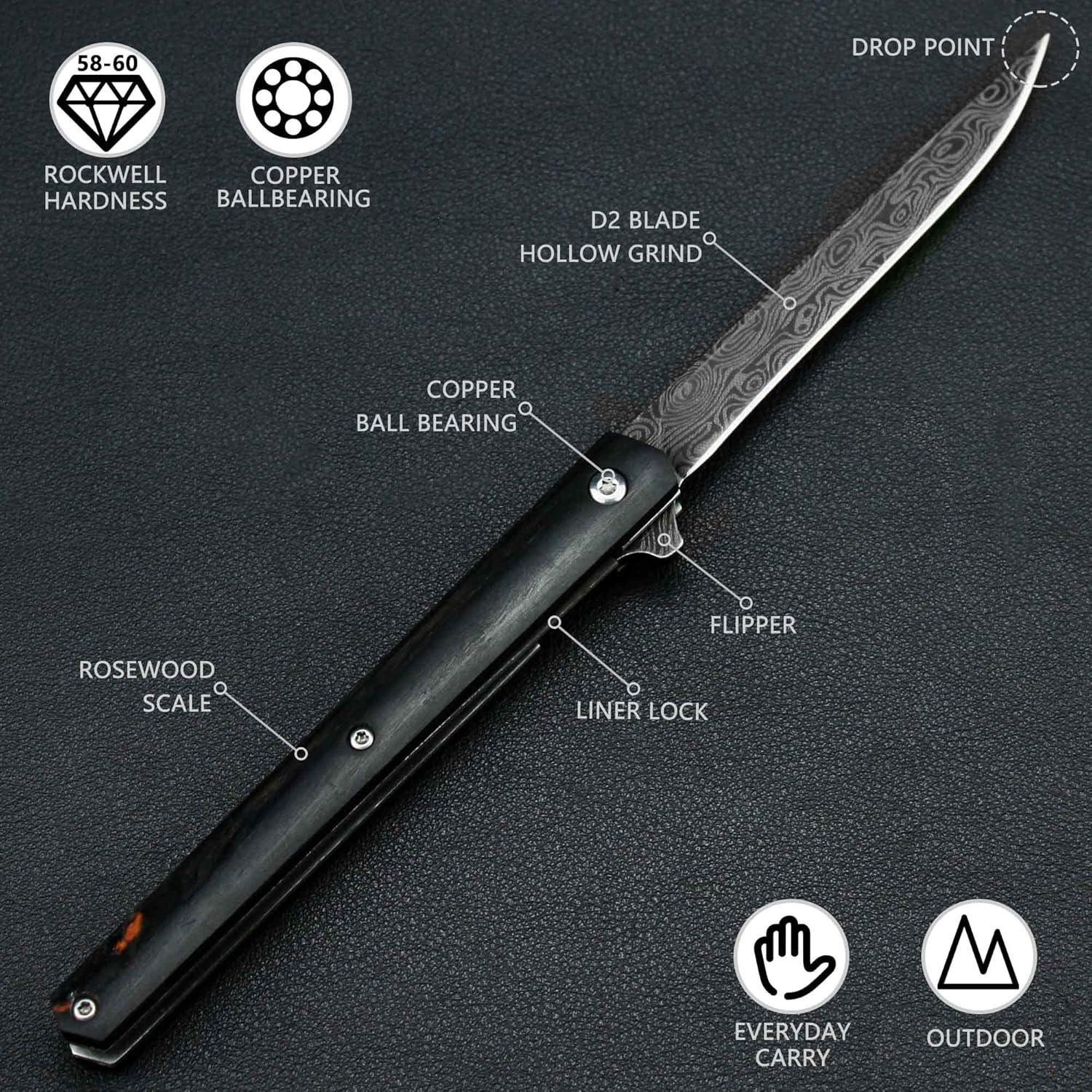 Cuchillo de bolsillo Carimee Damasco 4" acero D2 plegable