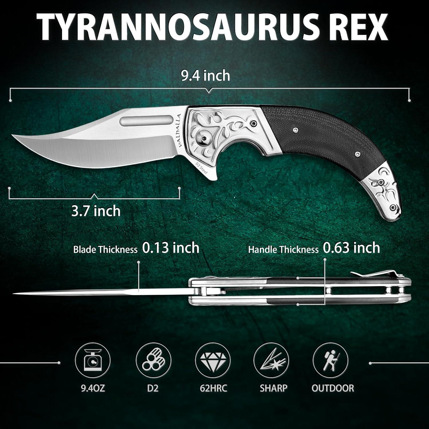 Pocket Knife, 3.7'' D2 Steel Folding Knife, Pocket Knife for Men with G10 Handle, Gifts for Men (TYRANNOSAURUS REX)