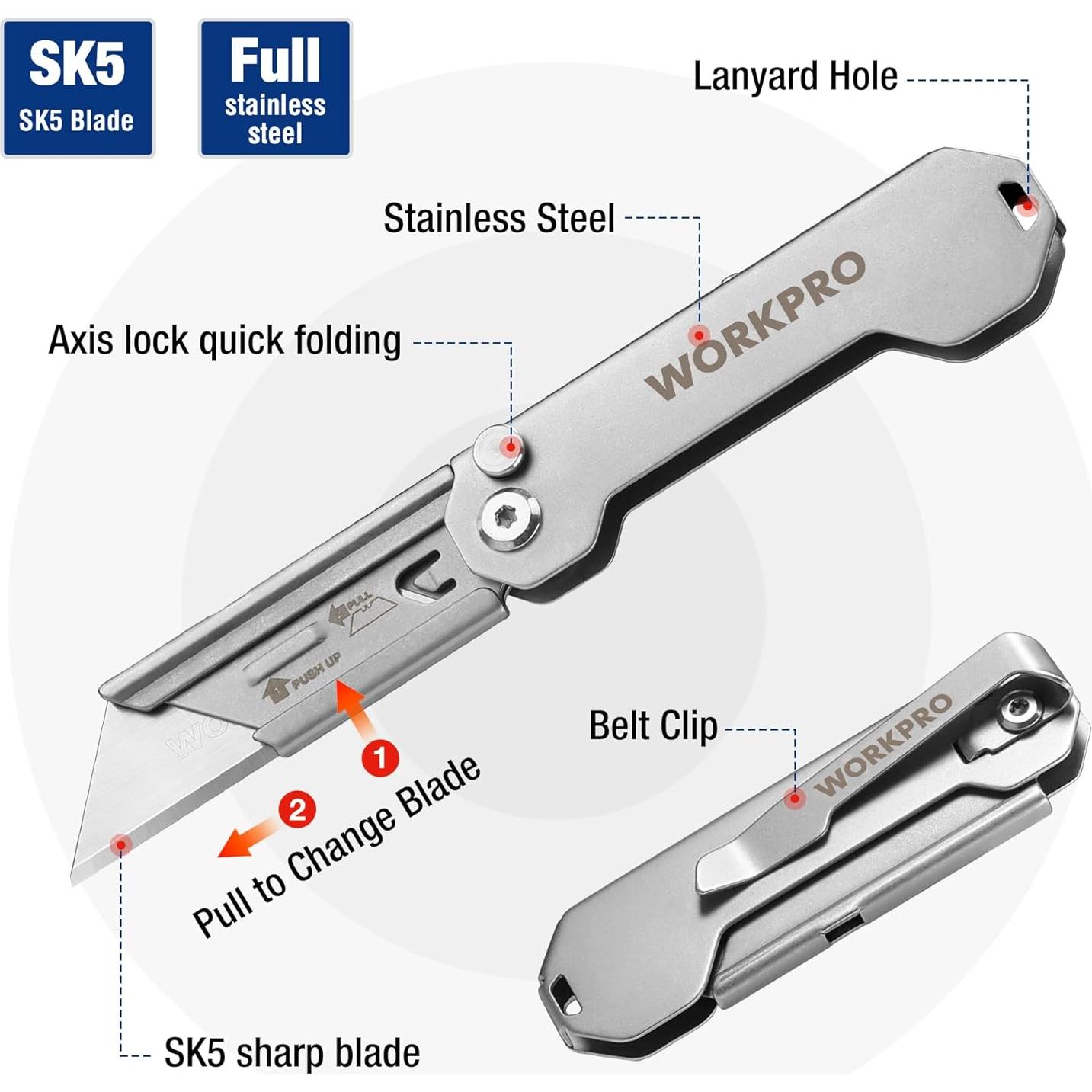 Cuchillo Utilitario Plegable WORKPRO 2PCS con 10 Cuchillas Extra