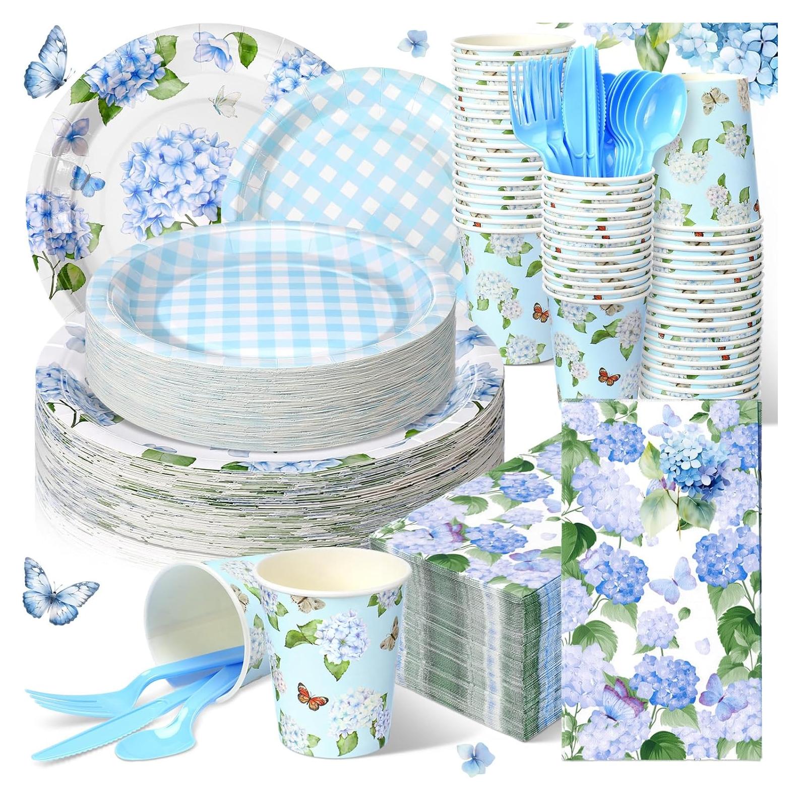 Juego de Platos y Servilletas de Papel Sinmoe 400 Pcs Hortensia