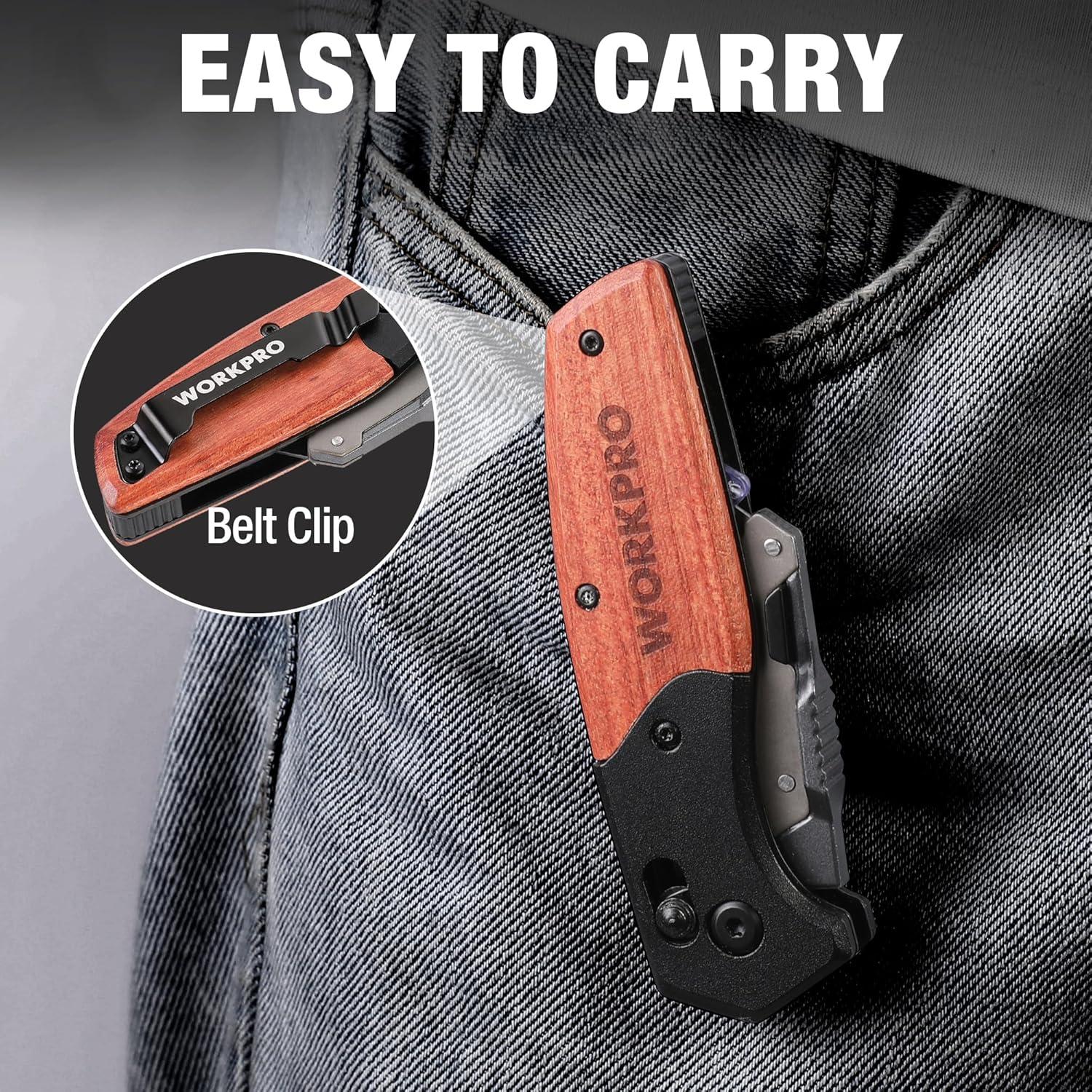 WORKPRO Folding Utility Knife, Razor Blade Knife with Axis Lock, Quick Change Box Cutter, EDC Wood Handle Foldable Pocket Cutter, Extra 10PC SK5 Blades Included