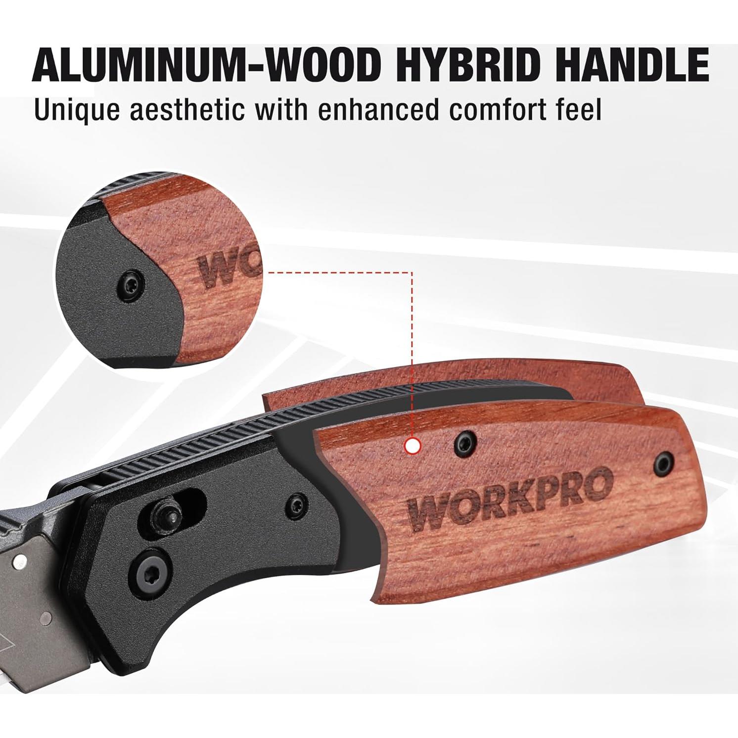 WORKPRO Folding Utility Knife, Razor Blade Knife with Axis Lock, Quick Change Box Cutter, EDC Wood Handle Foldable Pocket Cutter, Extra 10PC SK5 Blades Included