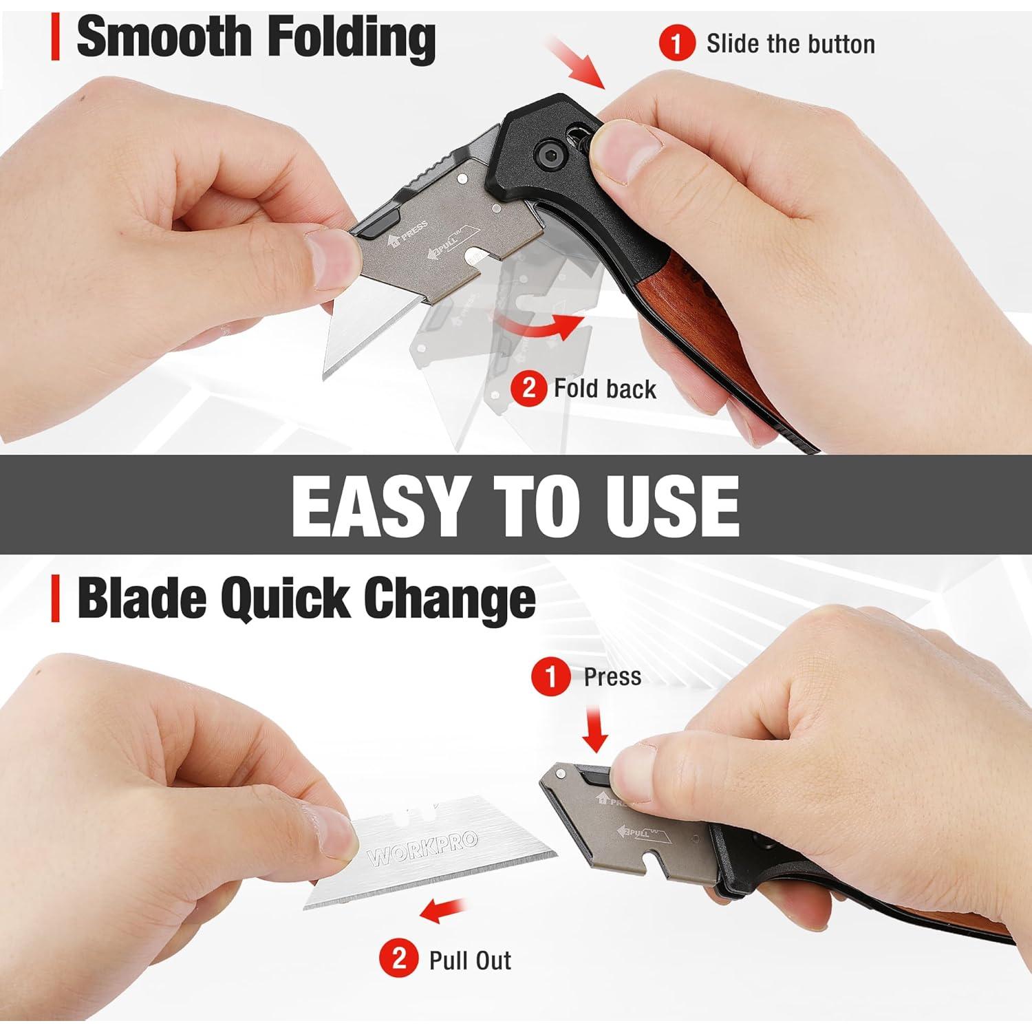 WORKPRO Folding Utility Knife, Razor Blade Knife with Axis Lock, Quick Change Box Cutter, EDC Wood Handle Foldable Pocket Cutter, Extra 10PC SK5 Blades Included