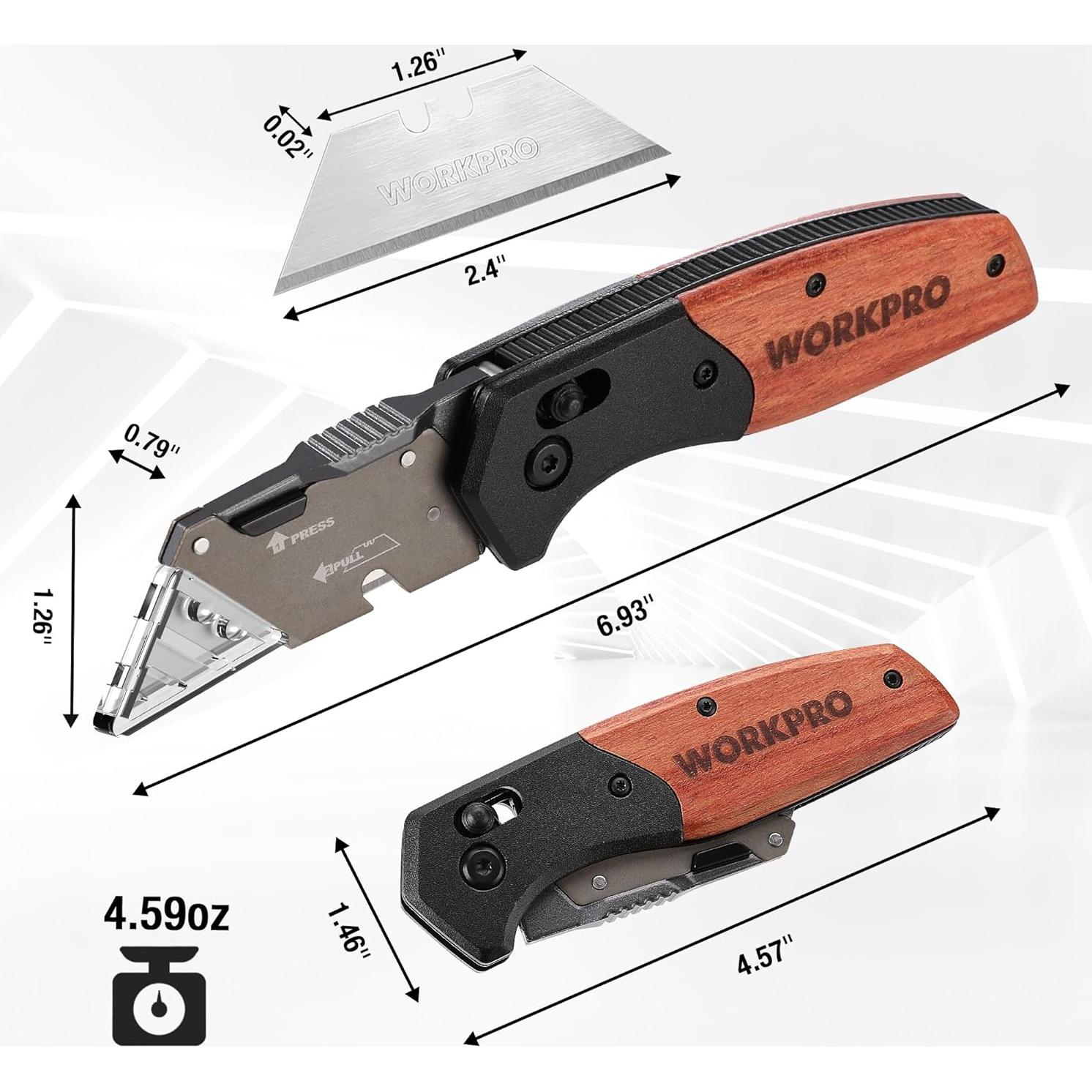 WORKPRO Folding Utility Knife, Razor Blade Knife with Axis Lock, Quick Change Box Cutter, EDC Wood Handle Foldable Pocket Cutter, Extra 10PC SK5 Blades Included