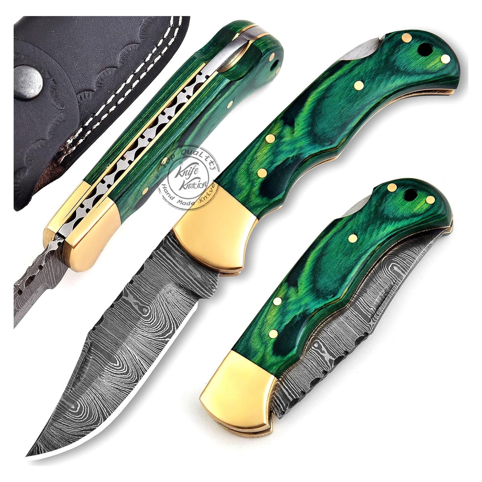 Cuchillo Plegable Damasco Knation 16.5 cm Madera Verde Hecho a Mano