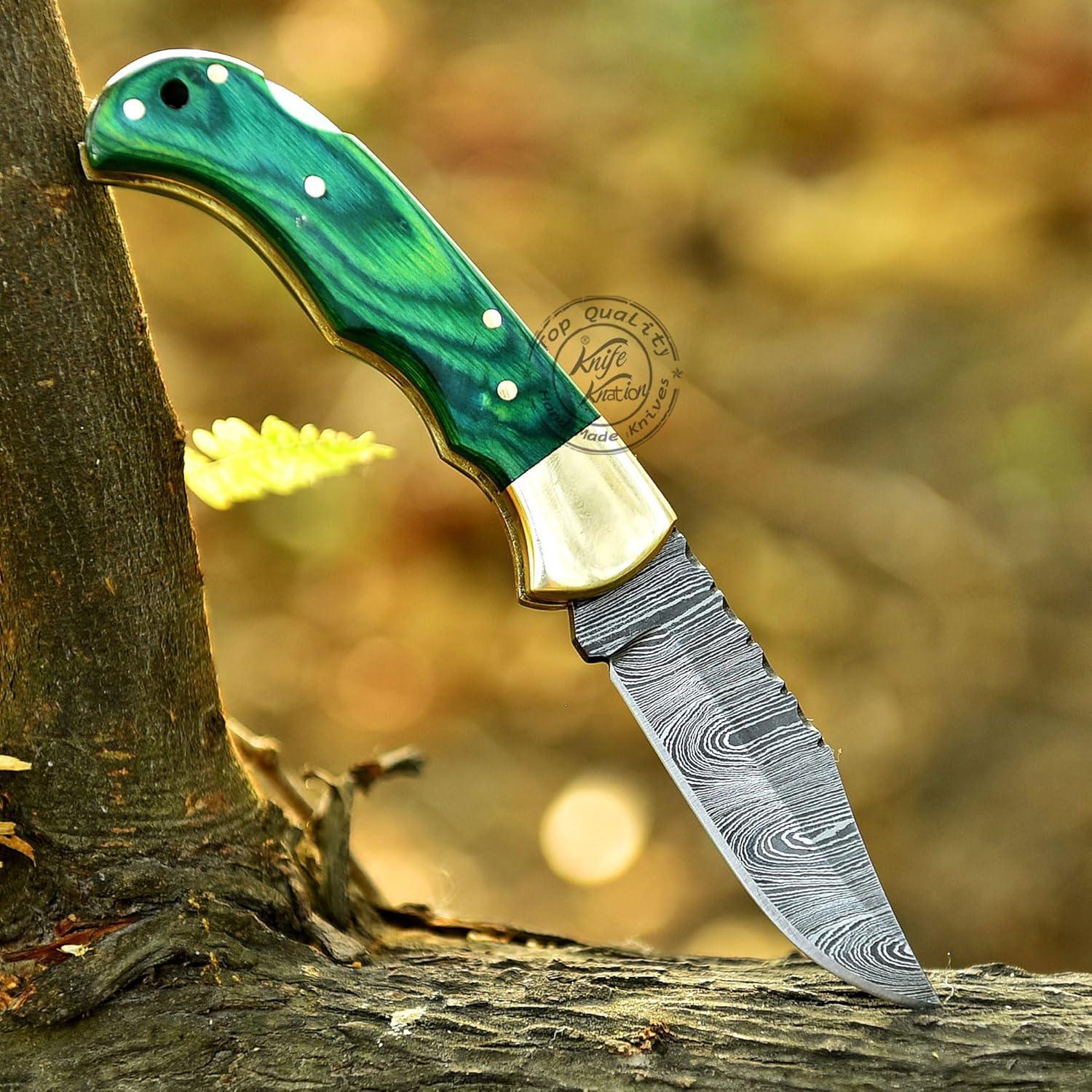 Cuchillo Plegable Damasco Knation 16.5 cm Madera Verde Hecho a Mano