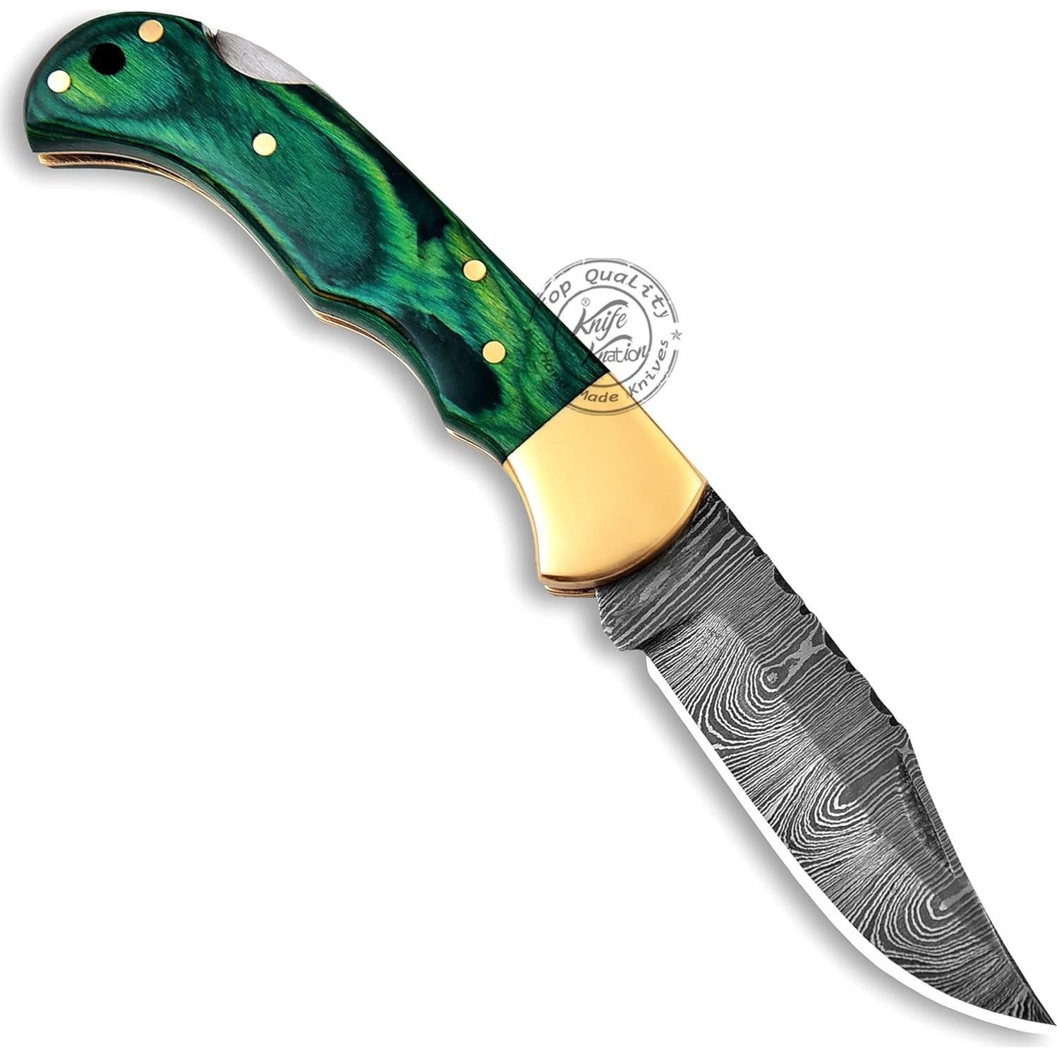 Cuchillo Plegable Damasco Knation 16.5 cm Madera Verde Hecho a Mano