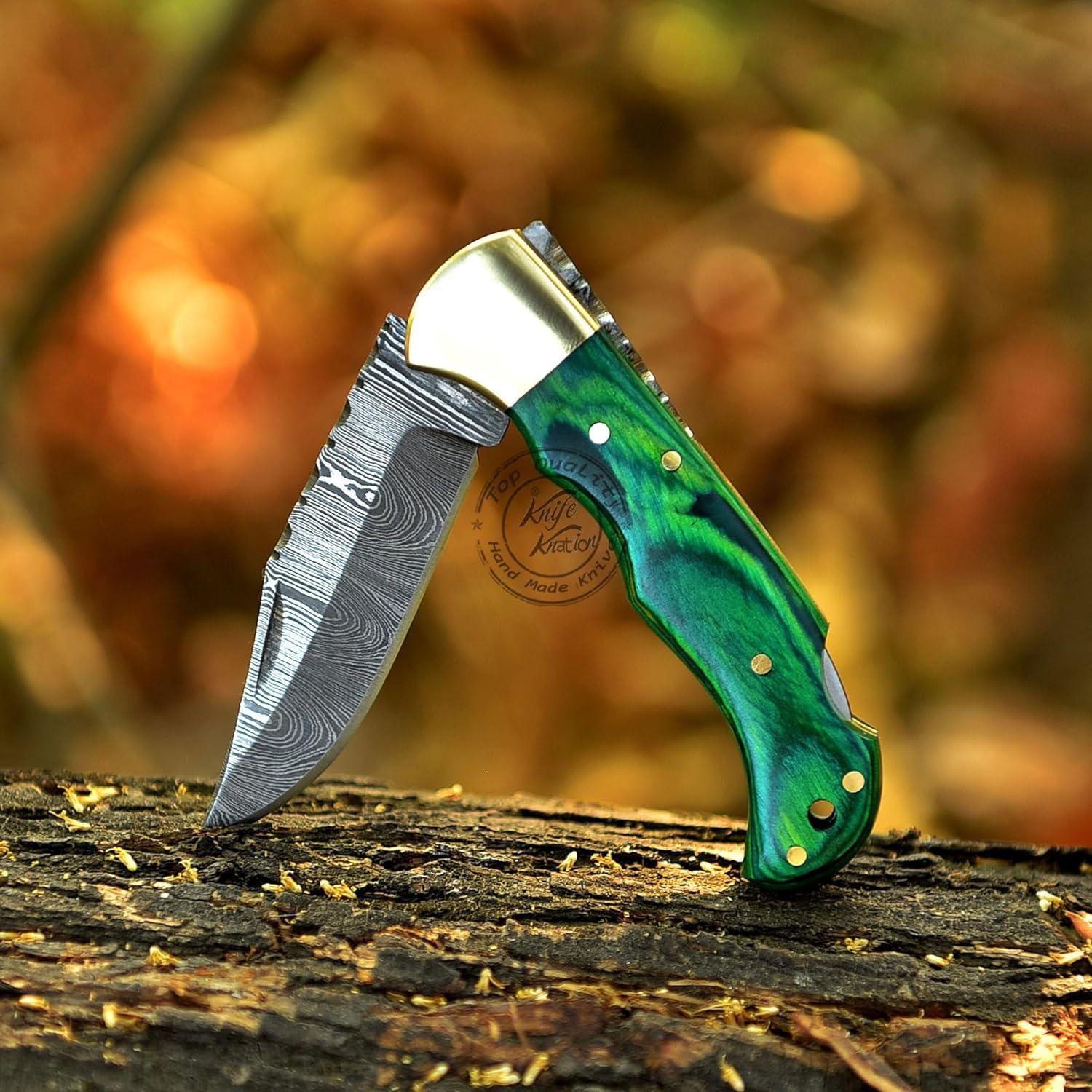 Cuchillo Plegable Damasco Knation 16.5 cm Madera Verde Hecho a Mano
