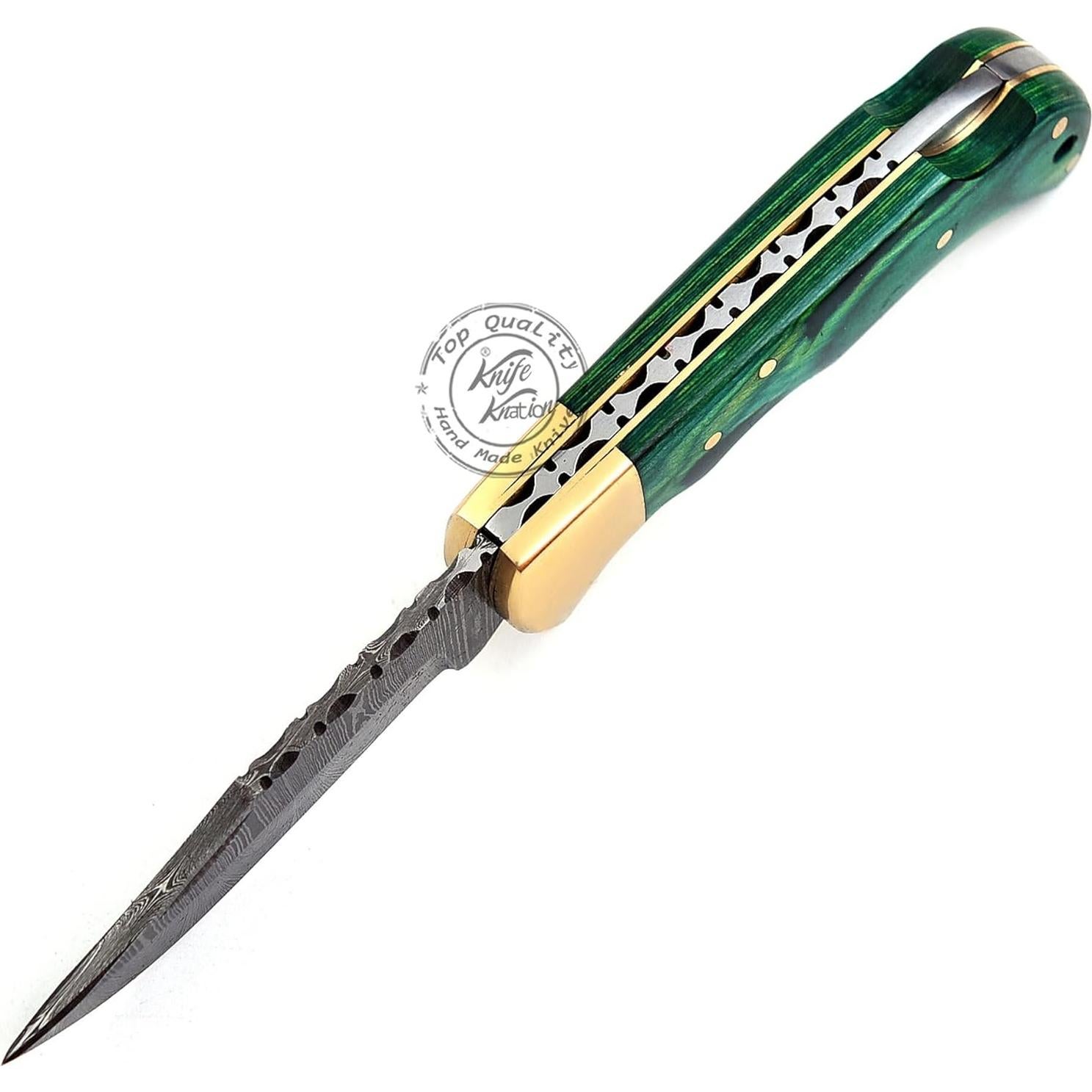 Cuchillo Plegable Damasco Knation 16.5 cm Madera Verde Hecho a Mano