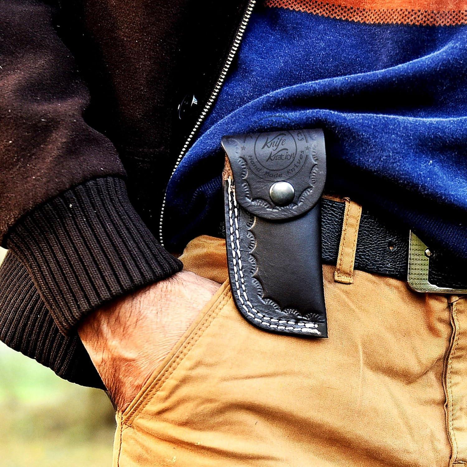 Cuchillo Plegable Damasco Knation 16.5 cm Madera Verde Hecho a Mano