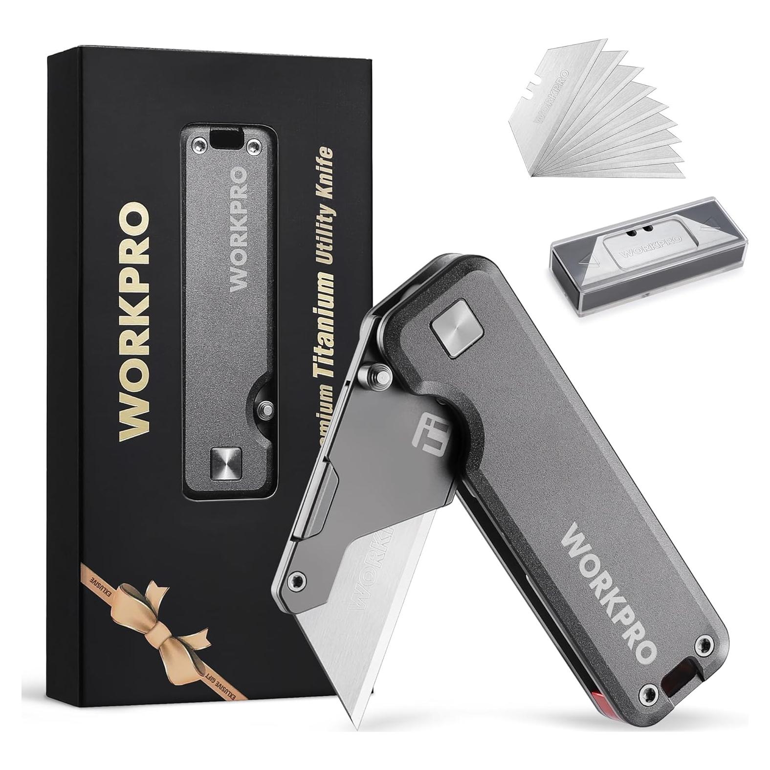 Cuchillo Utility WORKPRO de Titanio Plegable con 10 Cuchillas