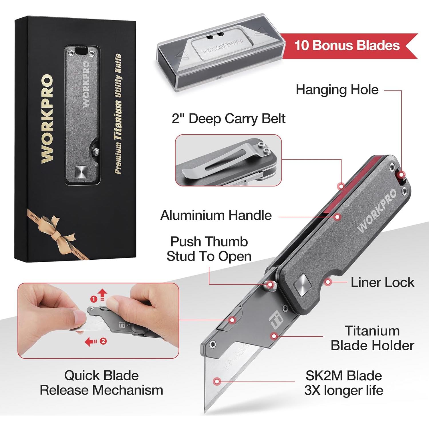 Cuchillo Utility WORKPRO de Titanio Plegable con 10 Cuchillas