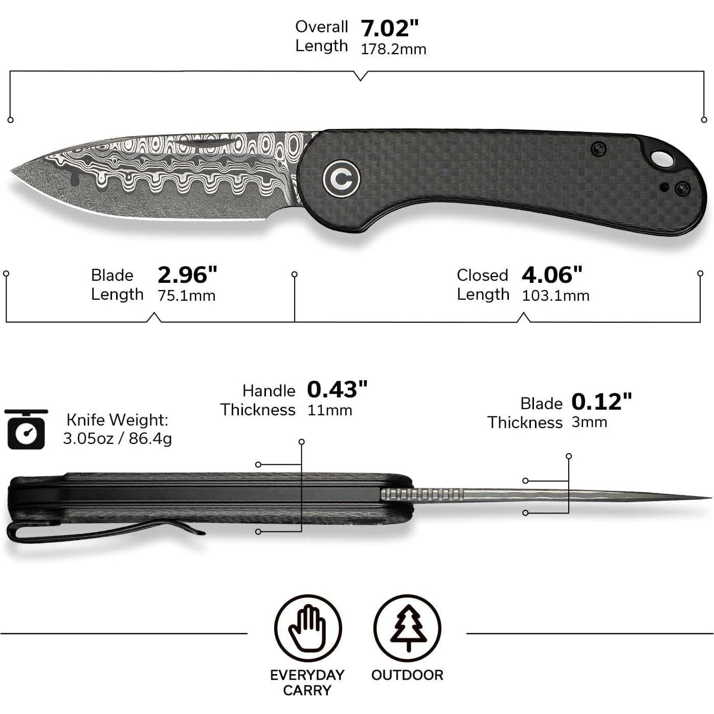Cuchillo de Bolsillo CIVIVI Elementum Damasco 7.52 cm Fibra Carbono