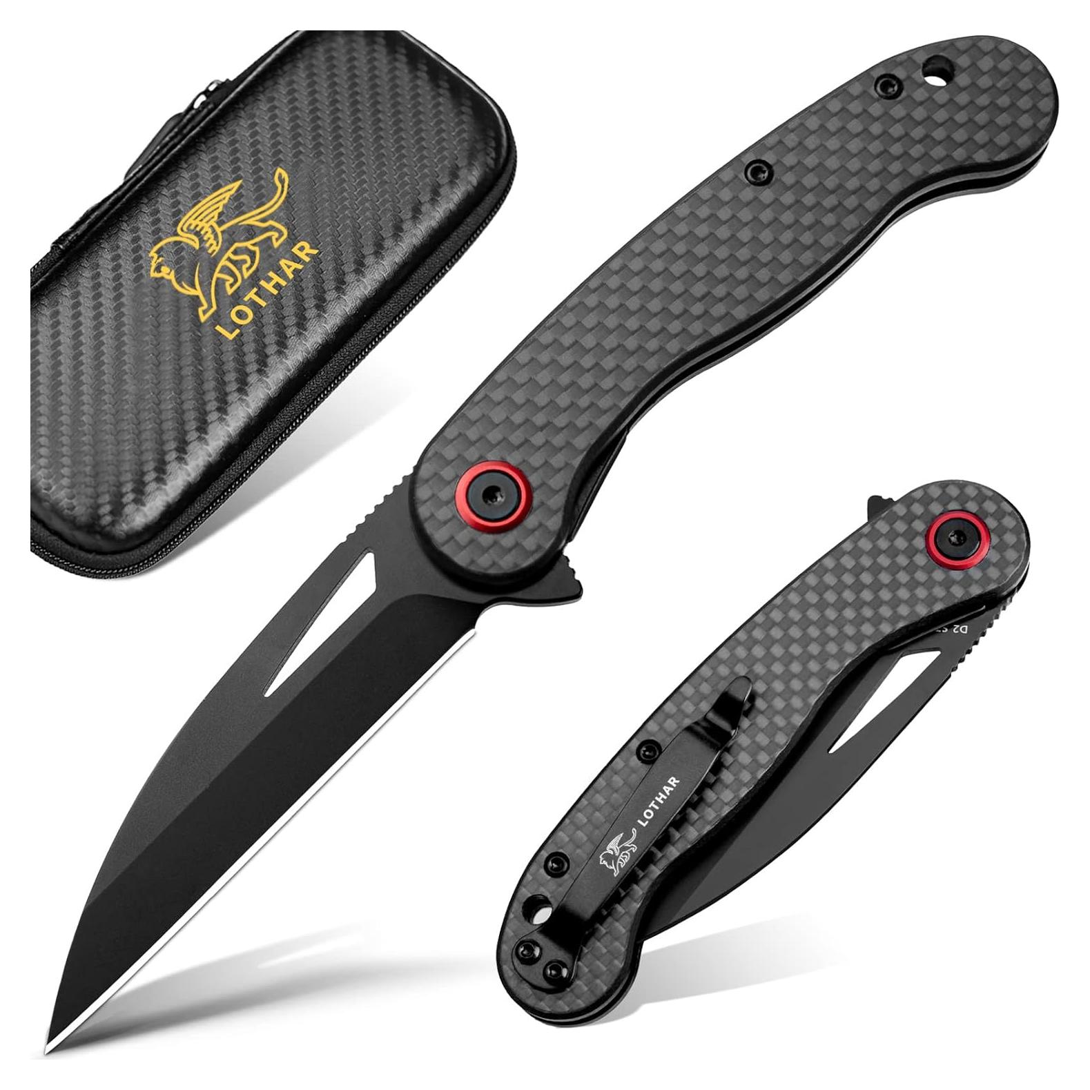 Cuchillo de bolsillo EDC LOTHAR Petrel, hoja D2 7.62 cm, fibra de carbono