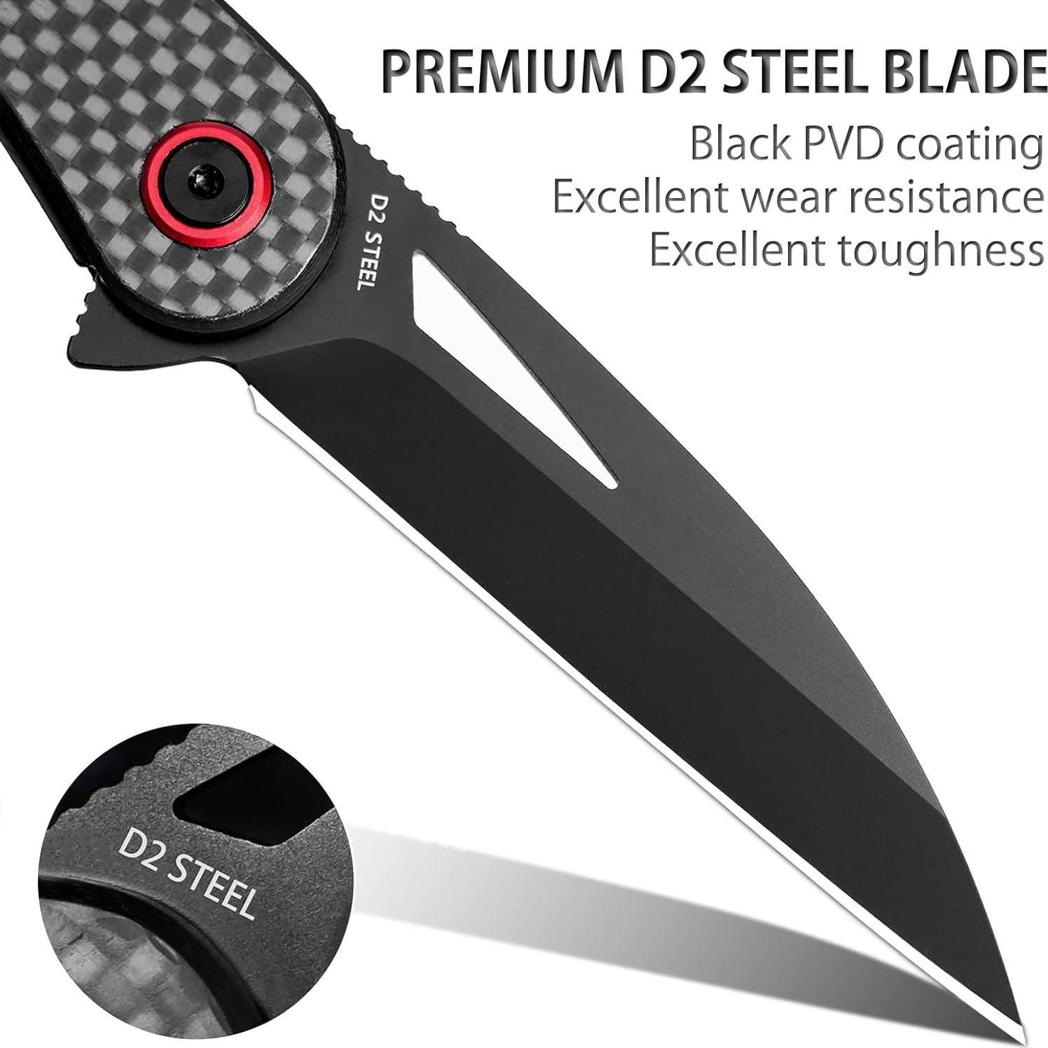 Cuchillo de bolsillo EDC LOTHAR Petrel, hoja D2 7.62 cm, fibra de carbono