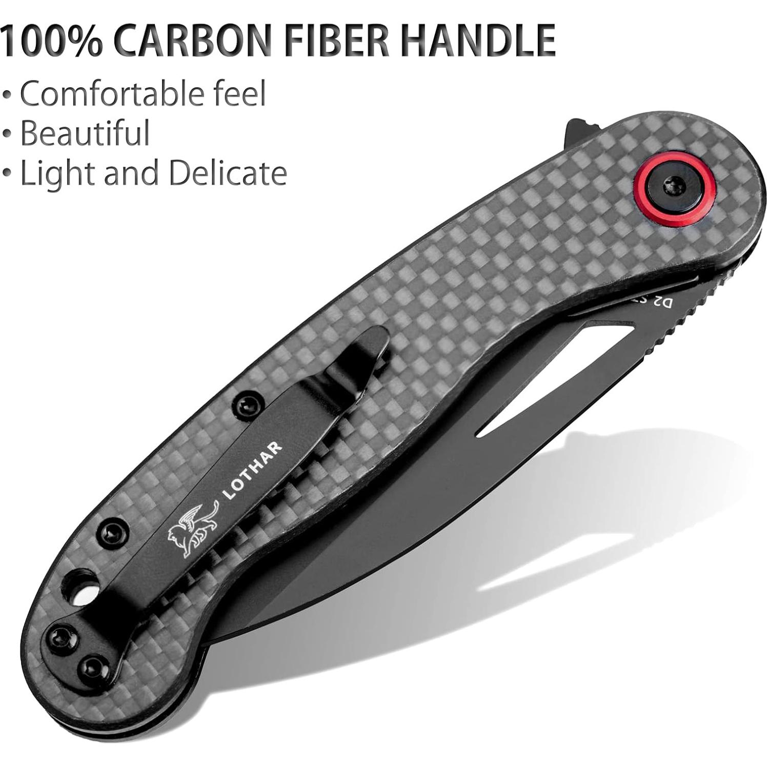 Cuchillo de bolsillo EDC LOTHAR Petrel, hoja D2 7.62 cm, fibra de carbono