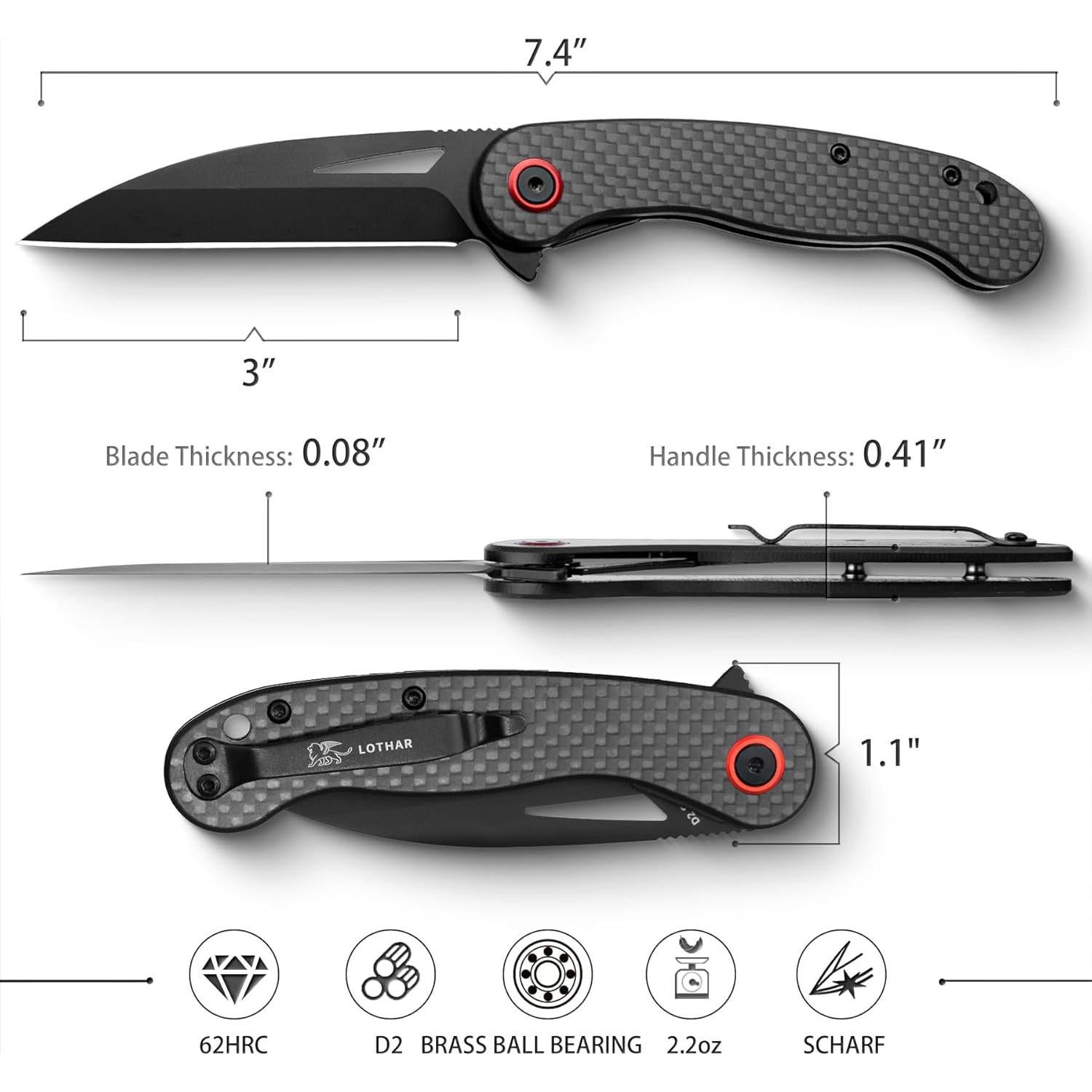 Cuchillo de bolsillo EDC LOTHAR Petrel, hoja D2 7.62 cm, fibra de carbono