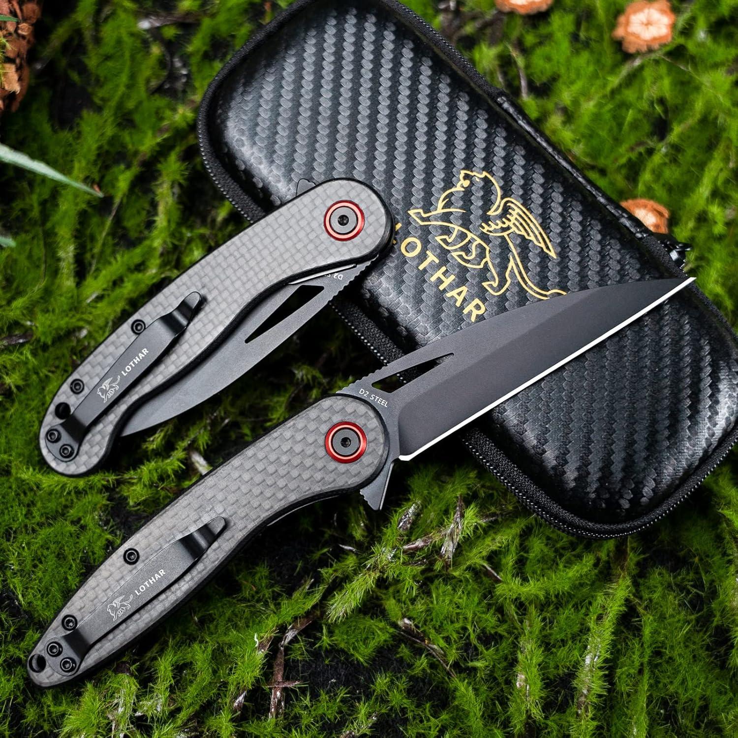 Cuchillo de bolsillo EDC LOTHAR Petrel, hoja D2 7.62 cm, fibra de carbono