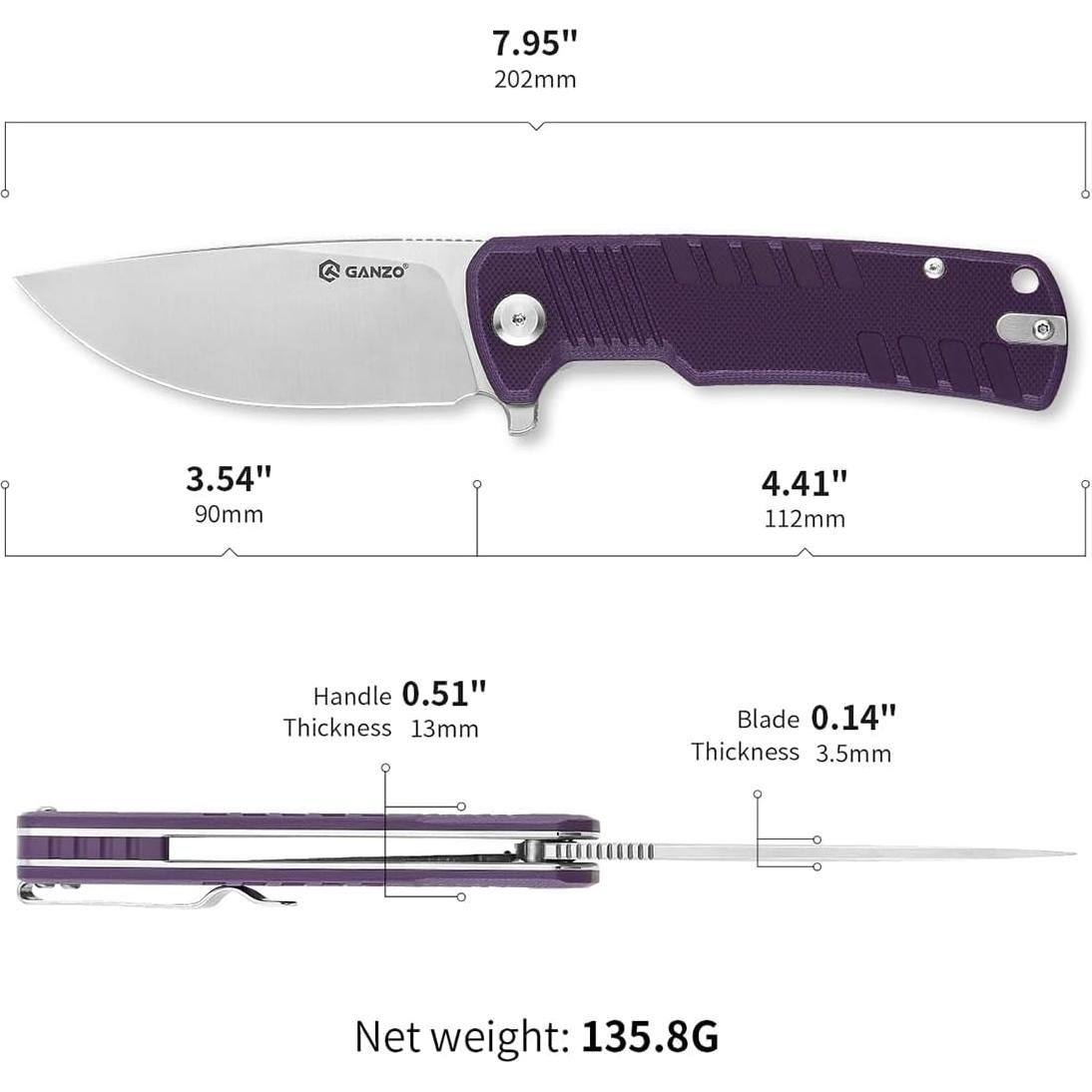 Cuchillo Plegable Ganzo G769-PL D2 Mango G10 20.3cm Púrpura