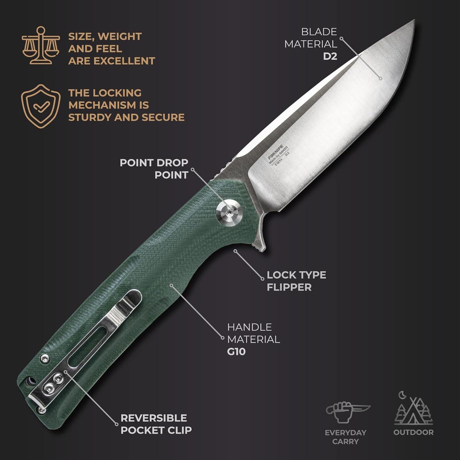 Cuchillo Plegable Firebird Ganzo FH91-GB Acero D2 Mango G10 Verde