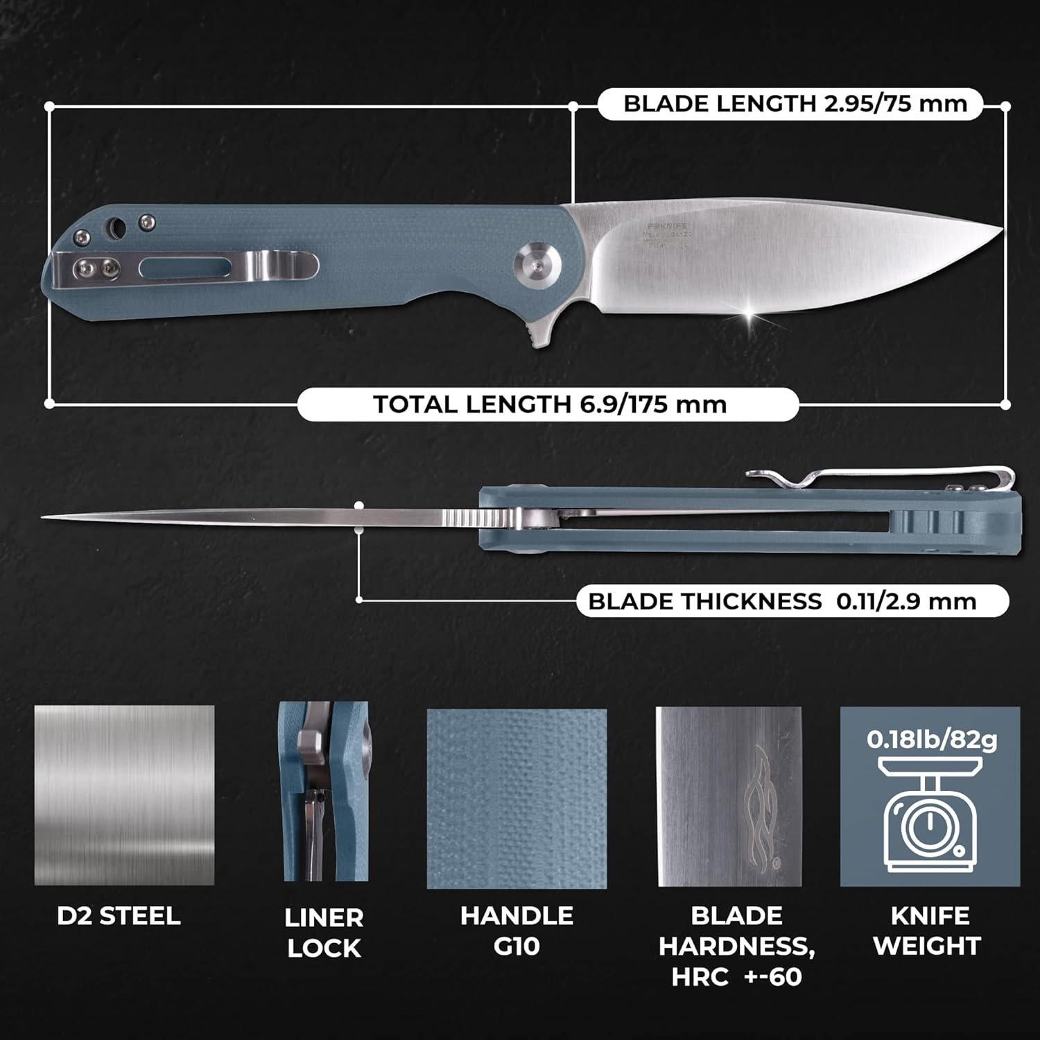 Cuchillo Plegable Ganzo FH41 Gris Acero D2 Mango G10 20.2cm