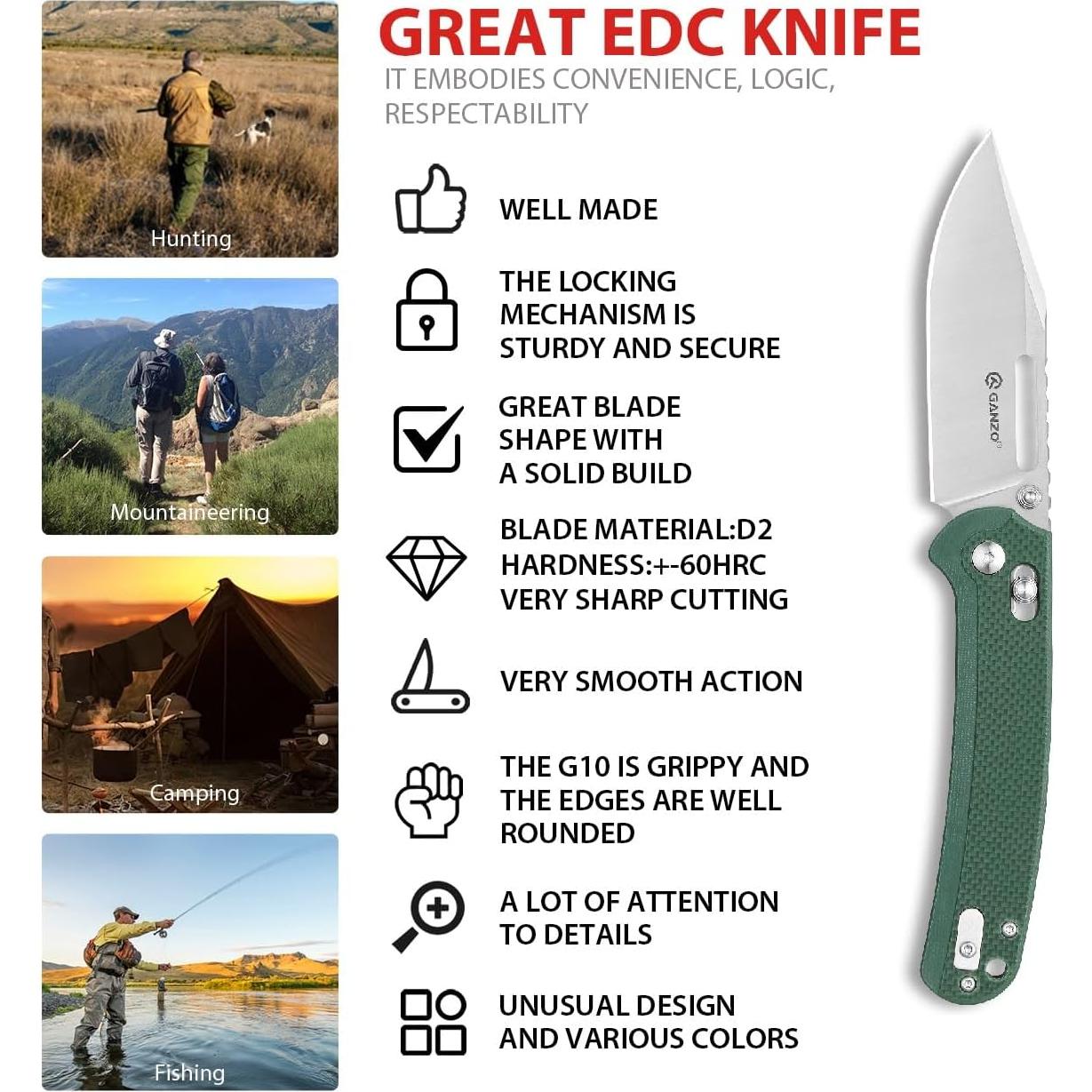 Cuchillo Plegable Ganzo G768-GB Verde Acero Inoxidable D2