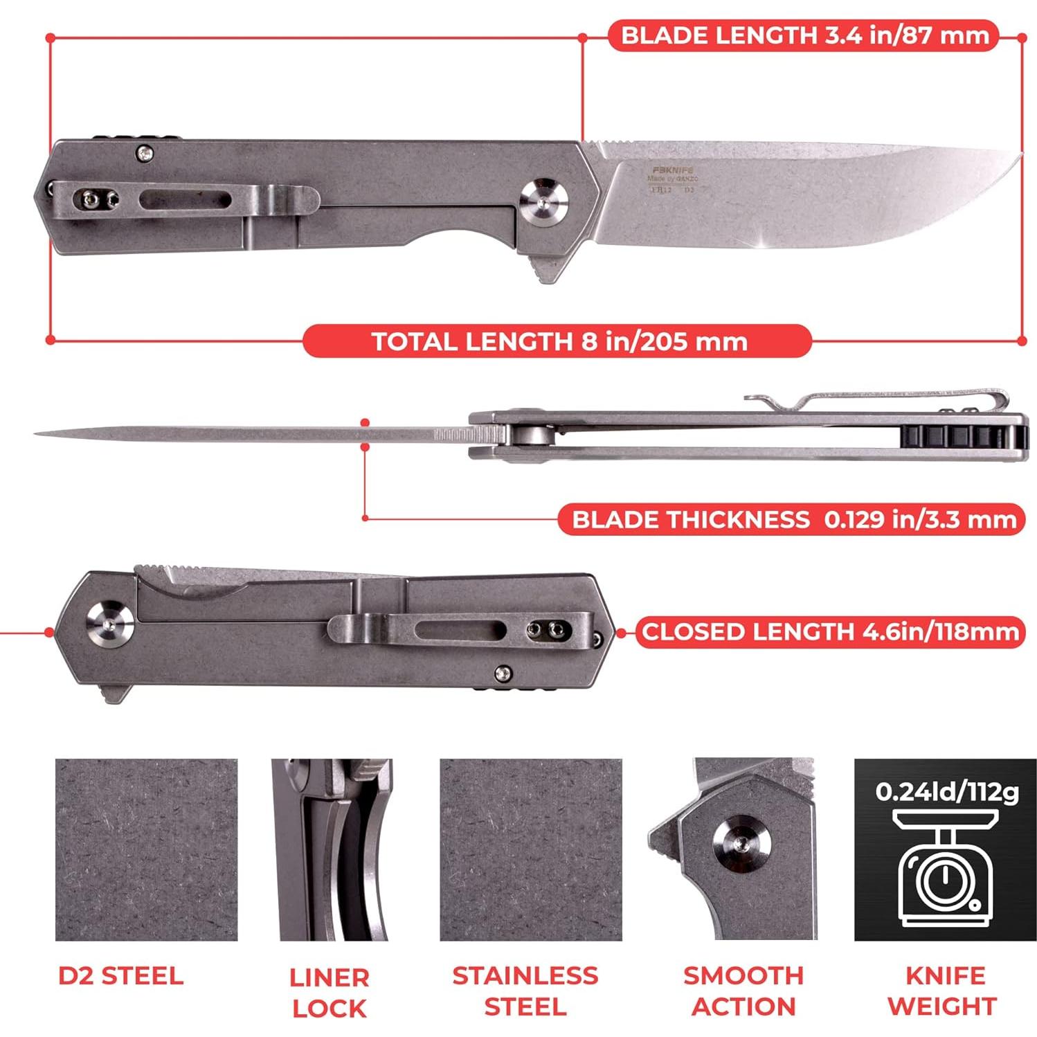 Cuchillo Plegable Firebird Ganzo FH12-SS Acero D2 20.3cm Gris