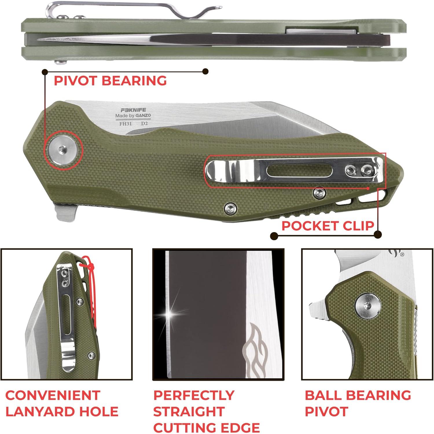 Cuchillo de bolsillo Firebird FH31-GR, acero D2, mango G10, 21.8 cm