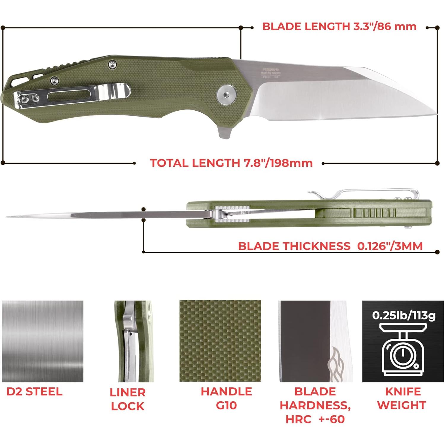 Cuchillo de bolsillo Firebird FH31-GR, acero D2, mango G10, 21.8 cm