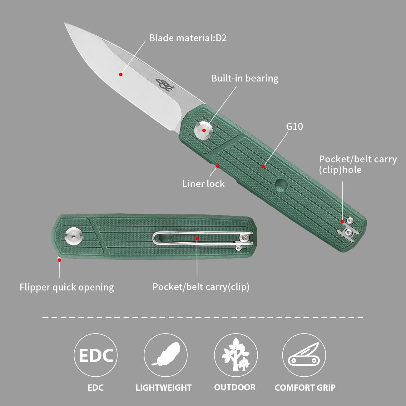 Cuchillo Plegable Firebird GANZO FH927-GB Acero D2 Verde