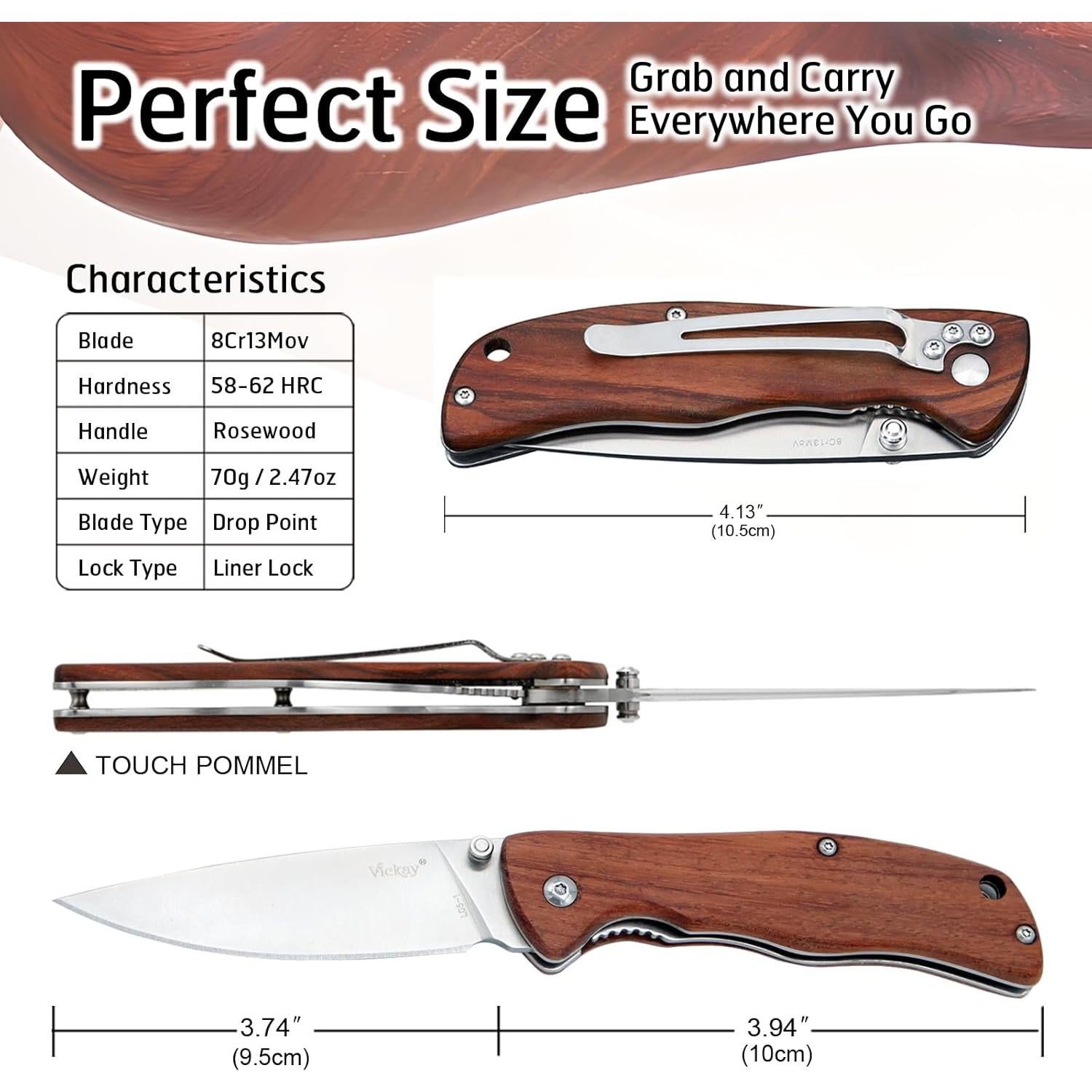 Cuchillo de bolsillo Vickay con mango de madera de rosa 9.5 cm